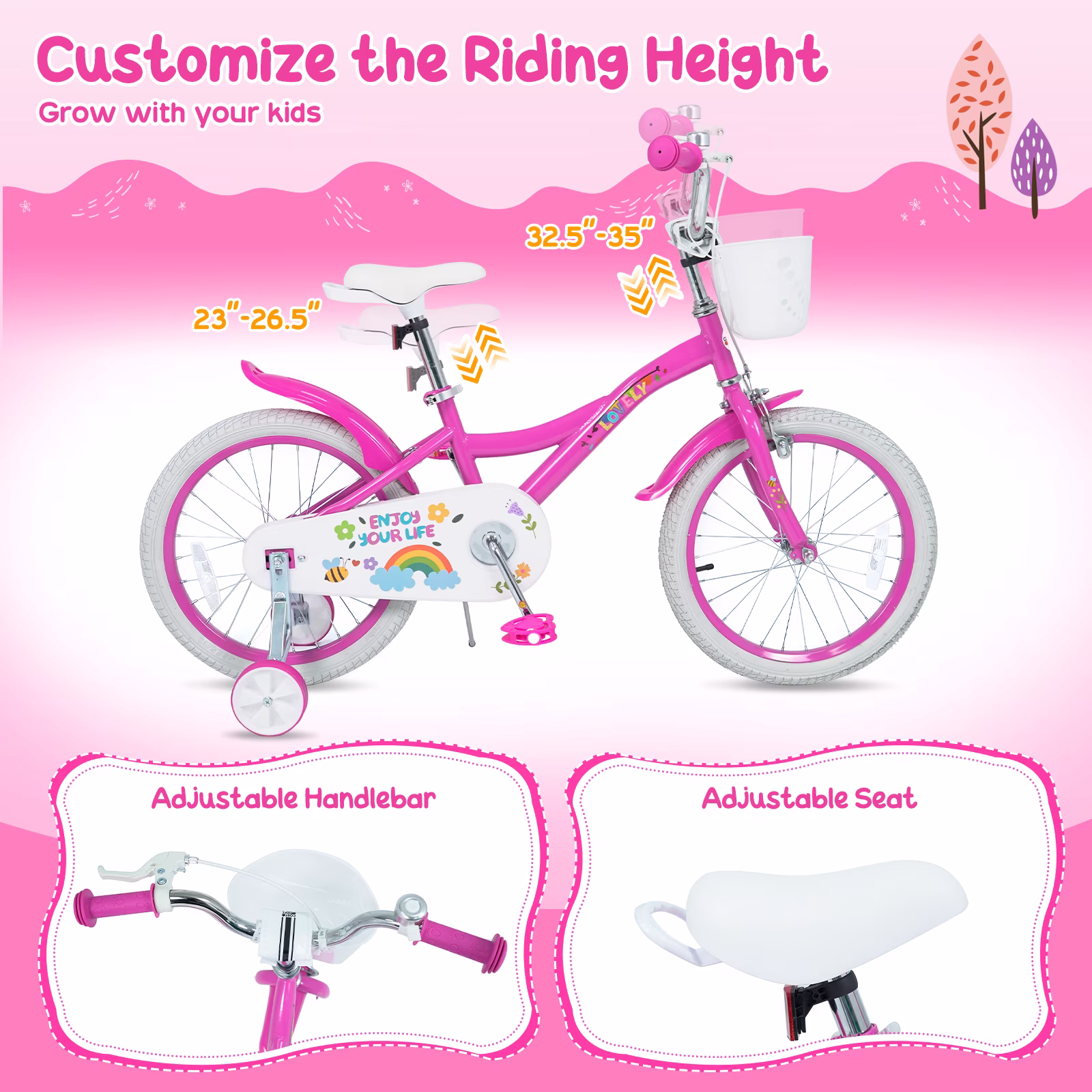 Costway 18 Inches Girls Bike for 3-8 Years Old with Removable Training Wheels, Front Basket Pink - Image 2
