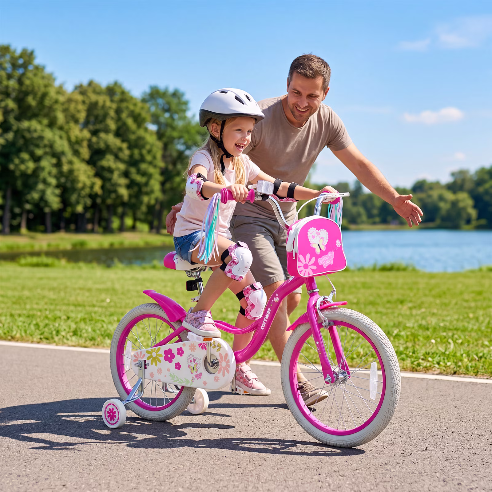 Costway 18 Inches Girls Bike with Front Bag, Children Training Bicycle for 4-8 Years Old Pink - Image 2