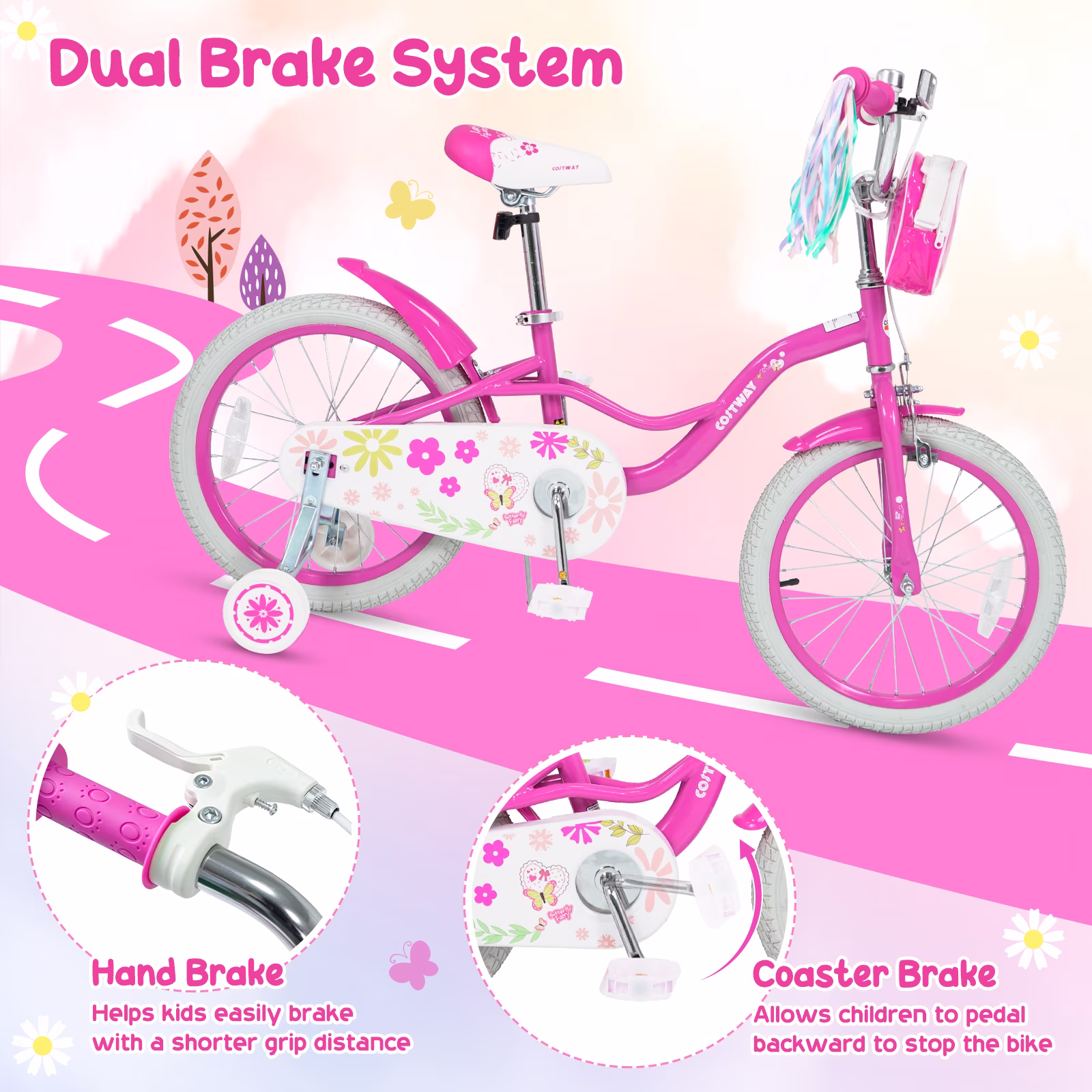 Costway 18 Inches Girls Bike with Front Bag, Children Training Bicycle for 4-8 Years Old Pink - Image 5