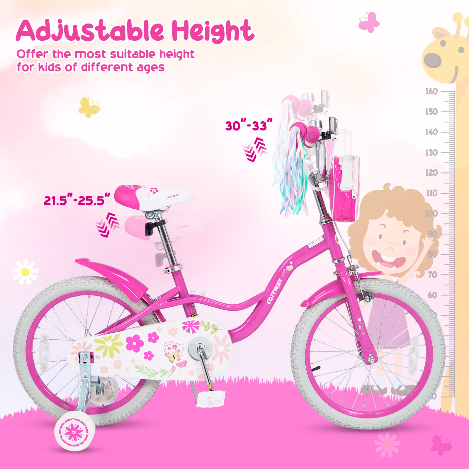 Costway 18 Inches Girls Bike with Front Bag, Children Training Bicycle for 4-8 Years Old Pink - Image 3