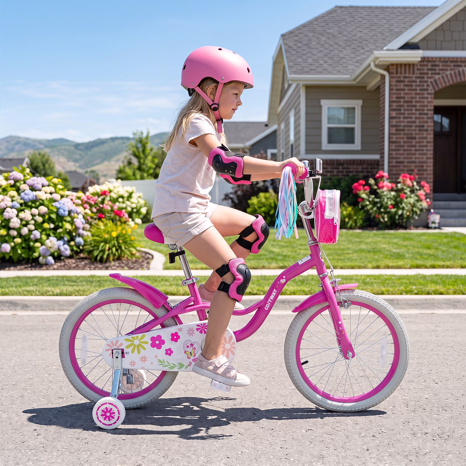 Costway 18 Inches Girls Bike with Front Bag, Children Training Bicycle for 4-8 Years Old Pink - Image 4