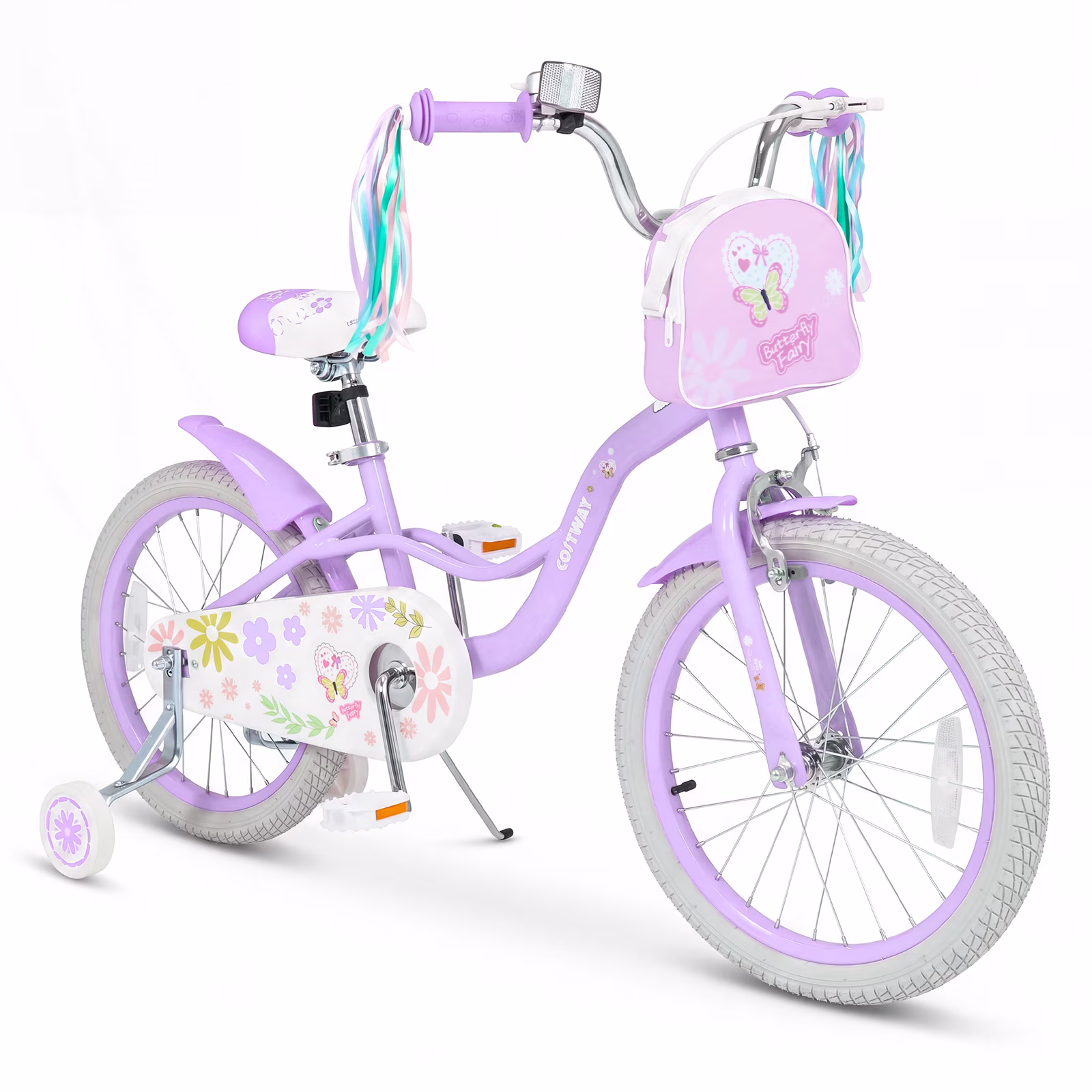 Costway 18 Inches Girls Bike with Front Bag, Children Training Bicycle for 4-8 Years Old Purple