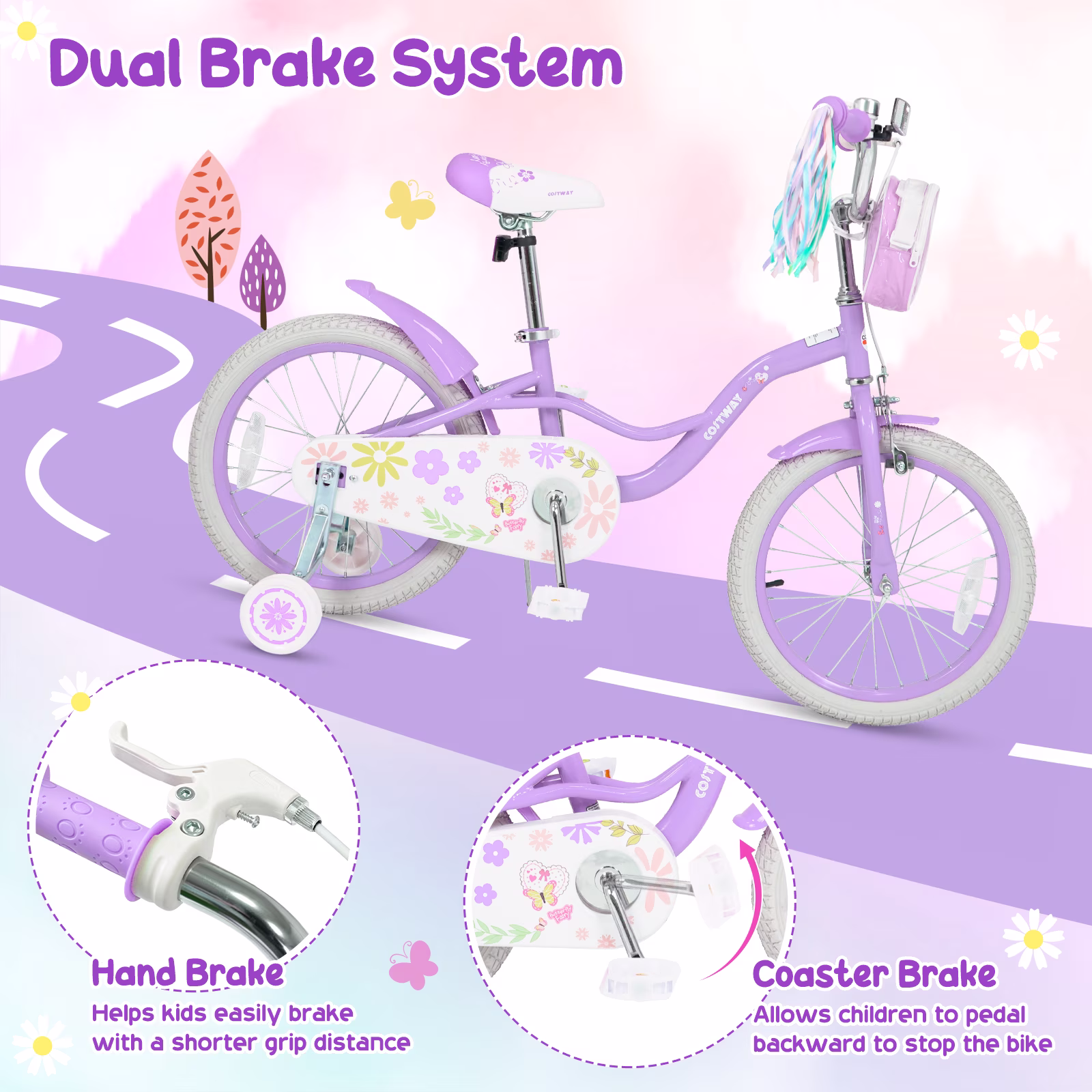 Costway 18 Inches Girls Bike with Front Bag, Children Training Bicycle for 4-8 Years Old Purple - Image 2
