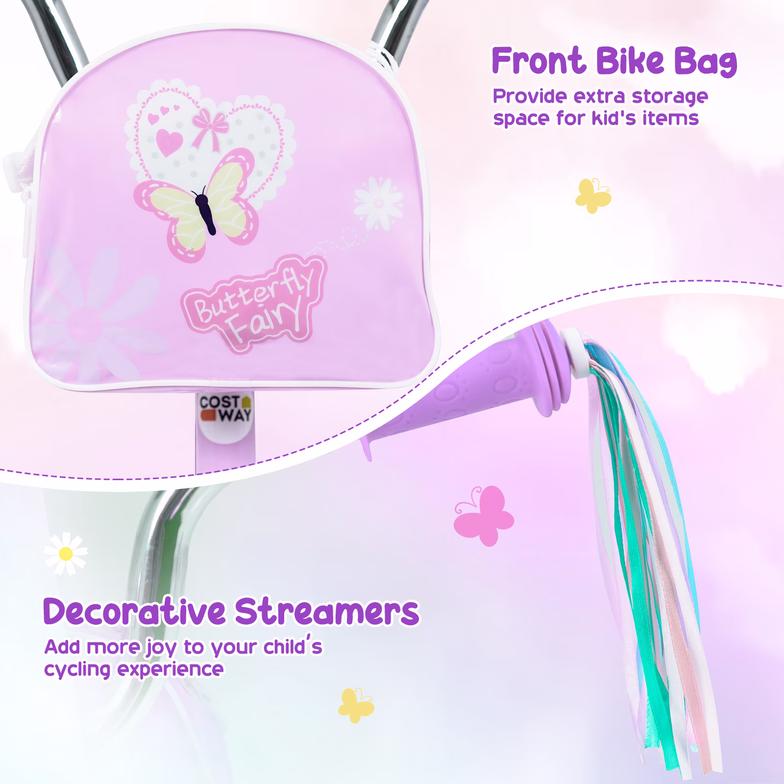 Costway 18 Inches Girls Bike with Front Bag, Children Training Bicycle for 4-8 Years Old Purple - Image 4