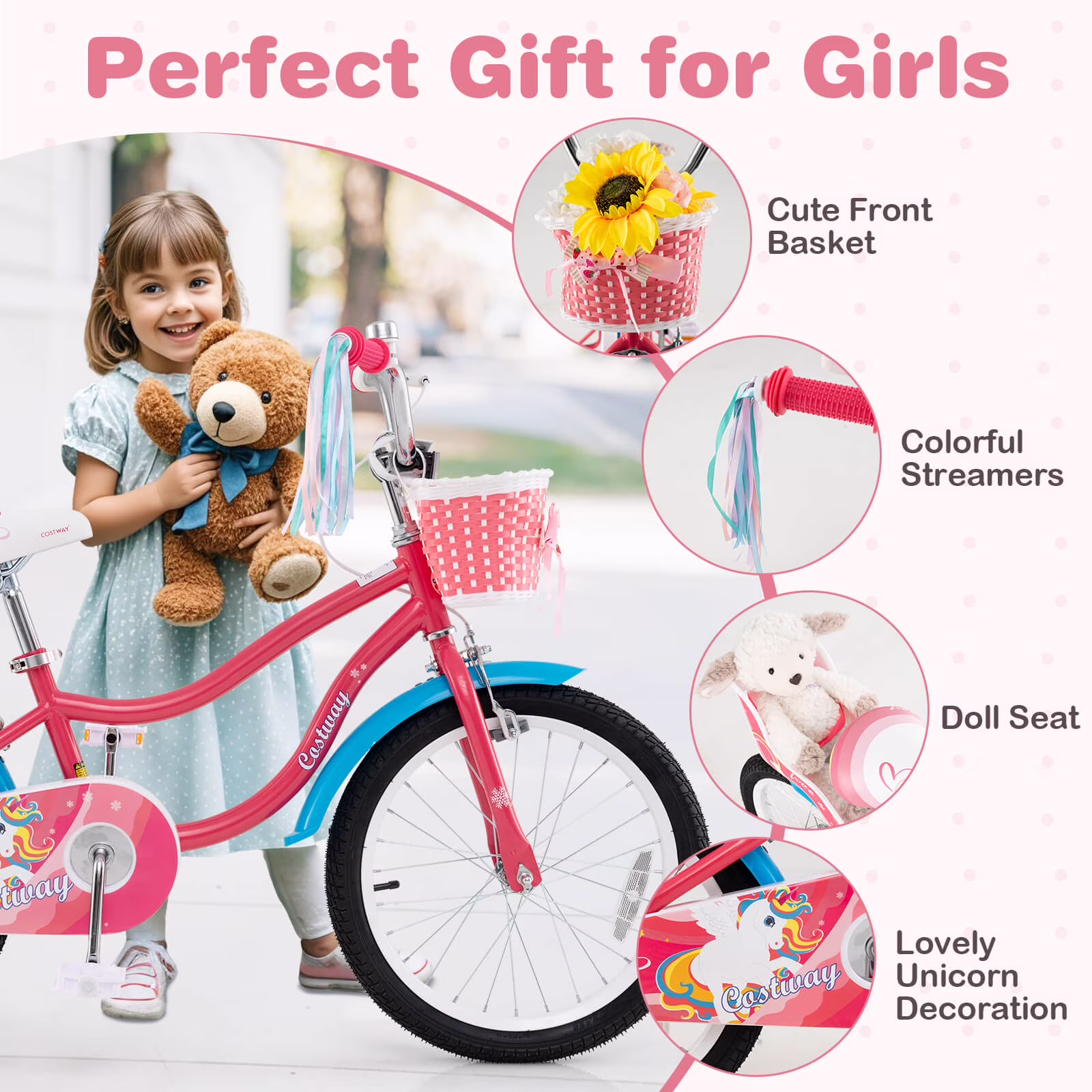 Costway 18 Inches Kids Bicycle with Training Wheels & Basket for Girls Age 4-8 Years Pink - Image 5