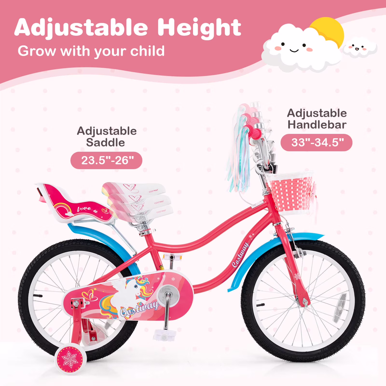 Costway 18 Inches Kids Bicycle with Training Wheels & Basket for Girls Age 4-8 Years Pink - Image 4