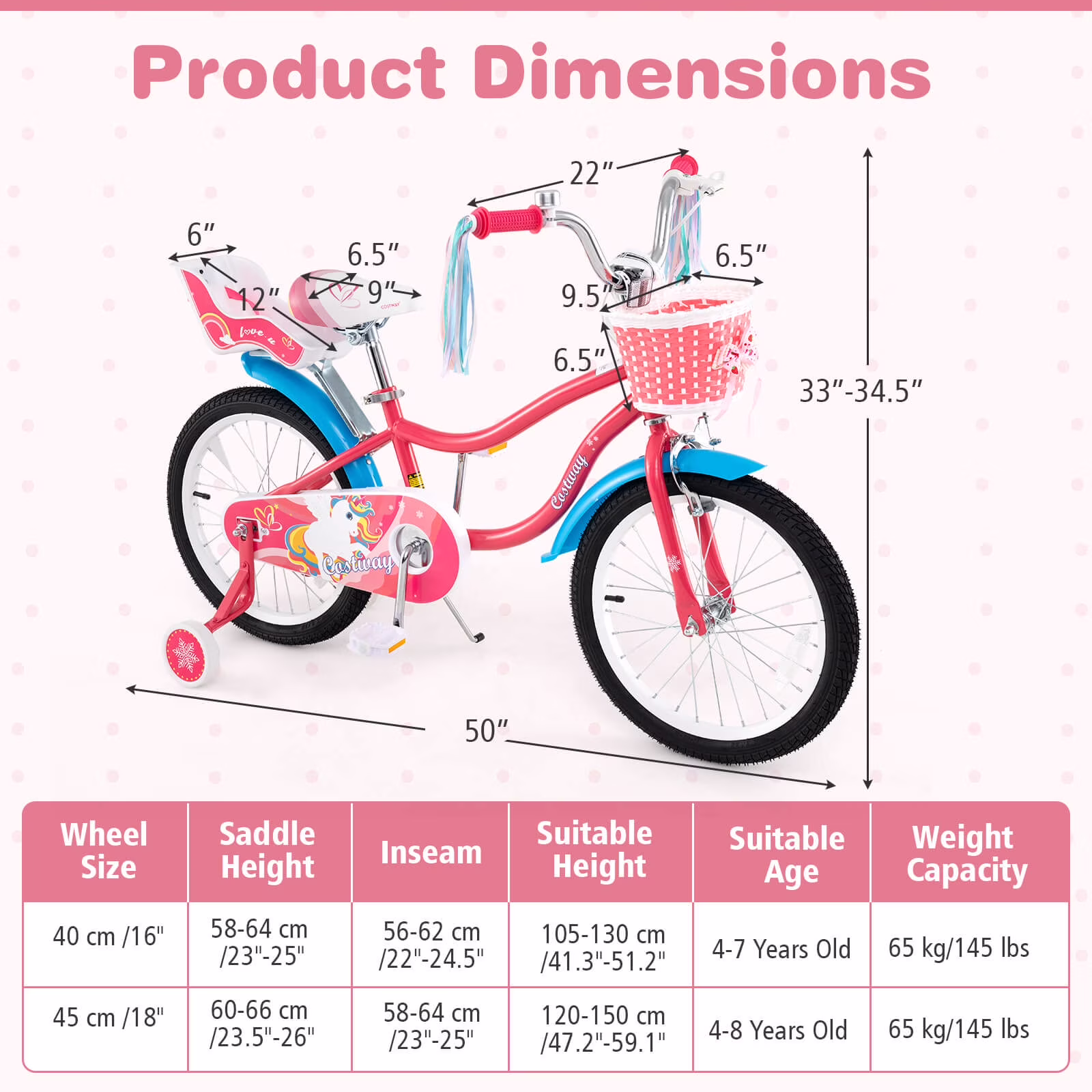 Costway 18 Inches Kids Bicycle with Training Wheels & Basket for Girls Age 4-8 Years Pink - Image 3