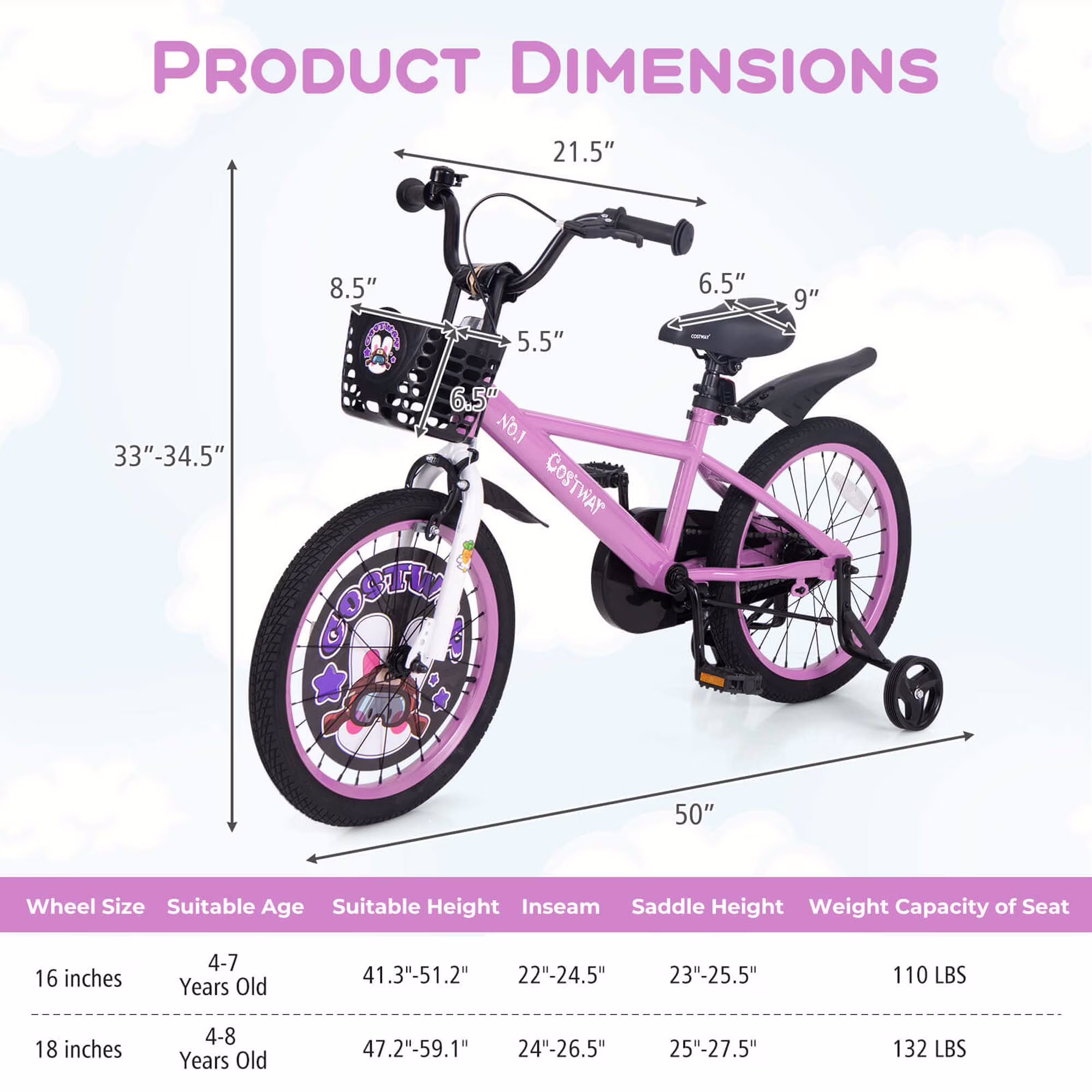 Costway 18" Kid's Bike for 4-8 with Height-Adjustable Handlebar & Saddle Handbrake Purple - Image 5