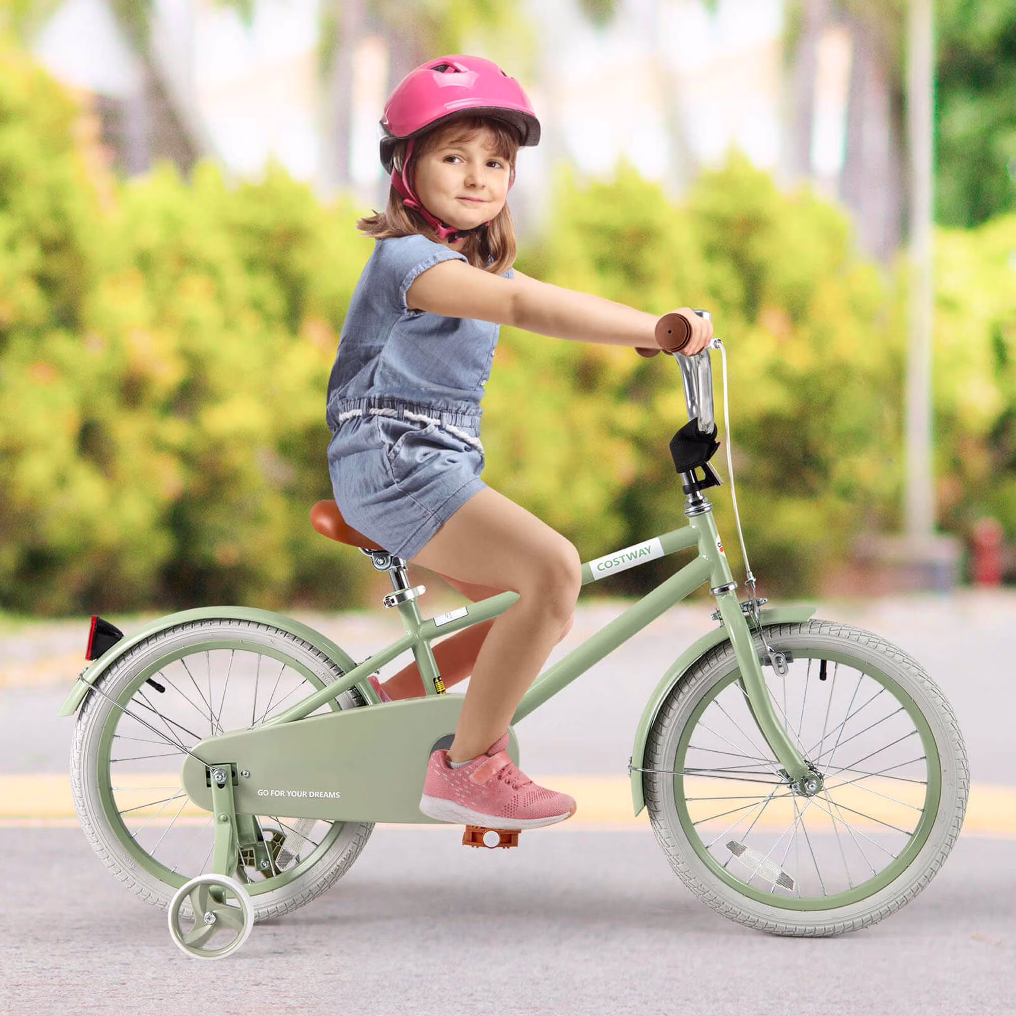 Costway 18" Kids Bike with Adjustable Saddle Handlebar Removable Training Wheels Handbrake Green - Image 5