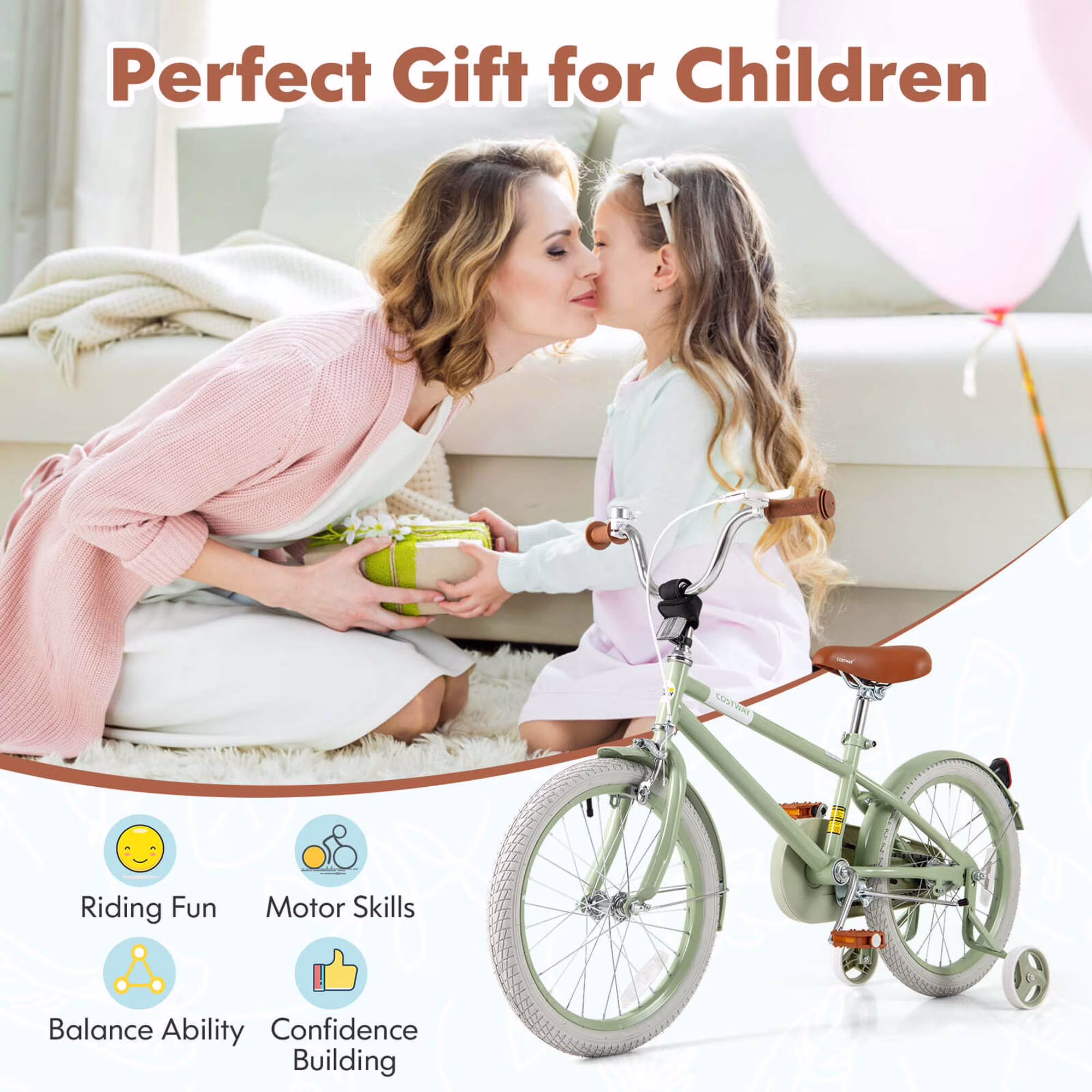 Costway 18" Kids Bike with Adjustable Saddle Handlebar Removable Training Wheels Handbrake Green - Image 2
