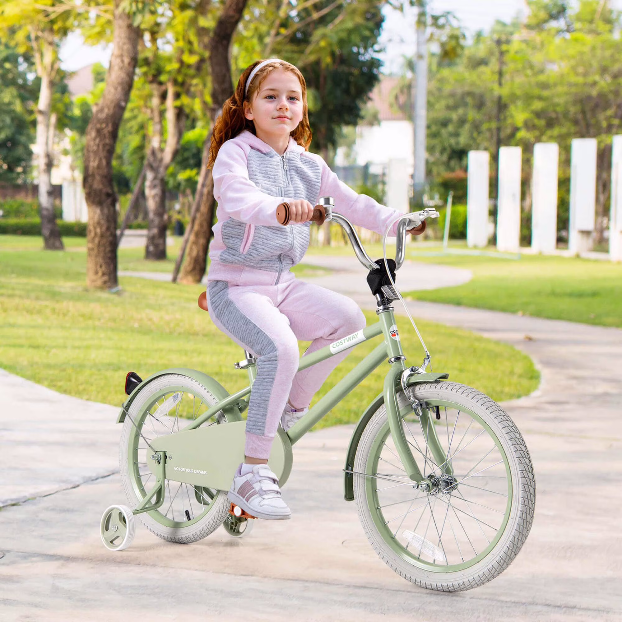 Costway 18" Kids Bike with Adjustable Saddle Handlebar Removable Training Wheels Handbrake Green - Image 3
