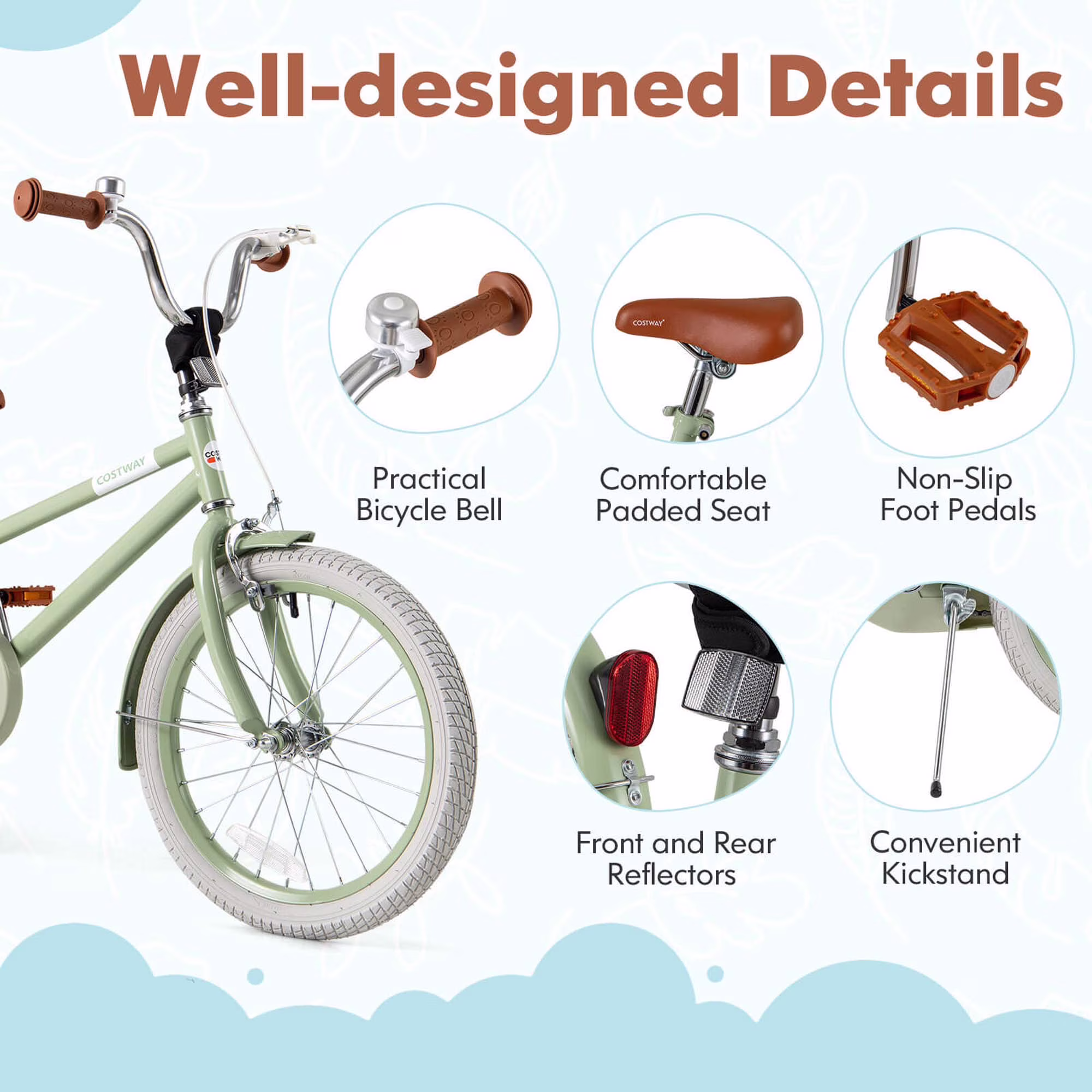 Costway 18" Kids Bike with Adjustable Saddle Handlebar Removable Training Wheels Handbrake Green - Image 4