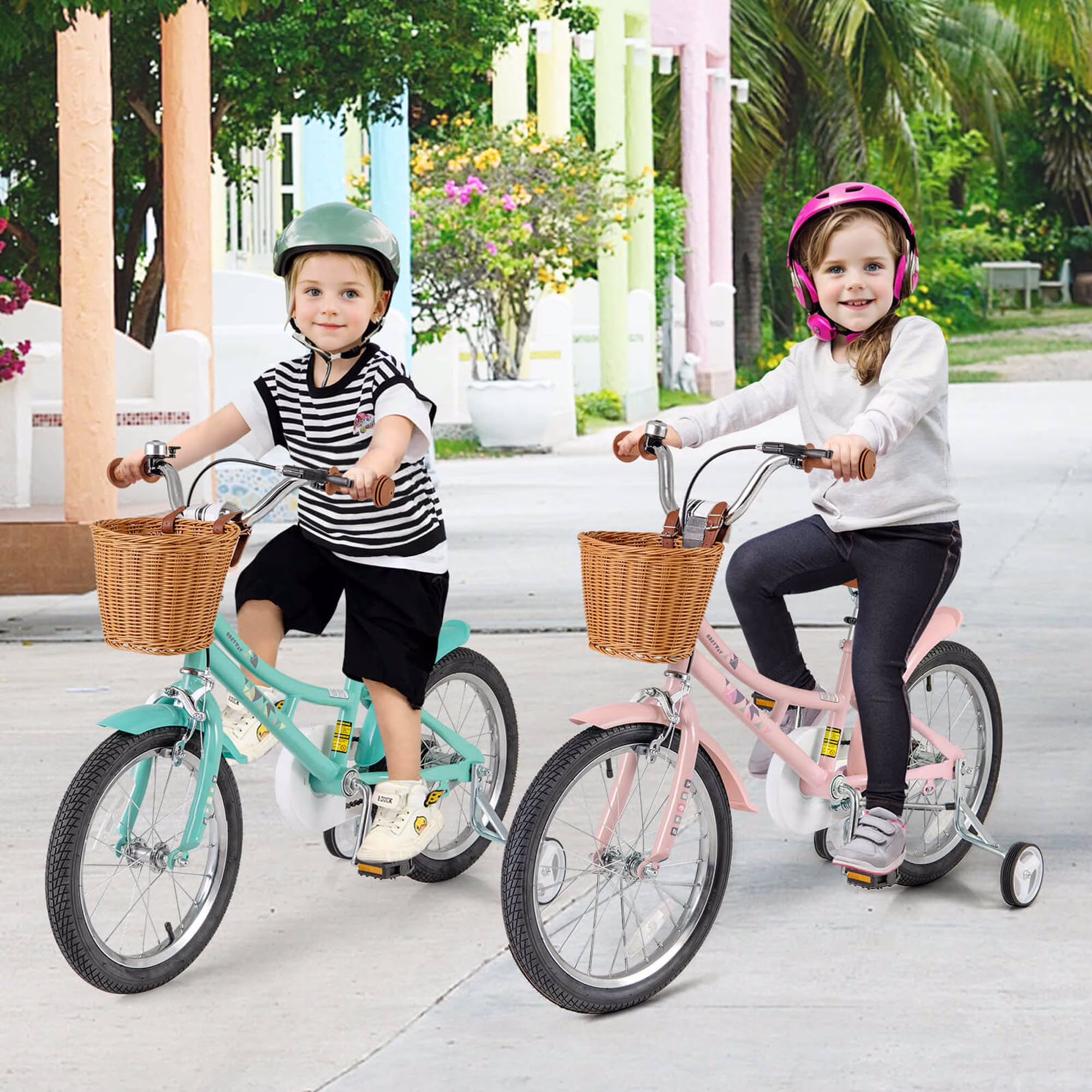 Costway 18" Kids Bike with Height Adjustable Handlebar Seat Basket Bell Training Wheels Pink - Image 5