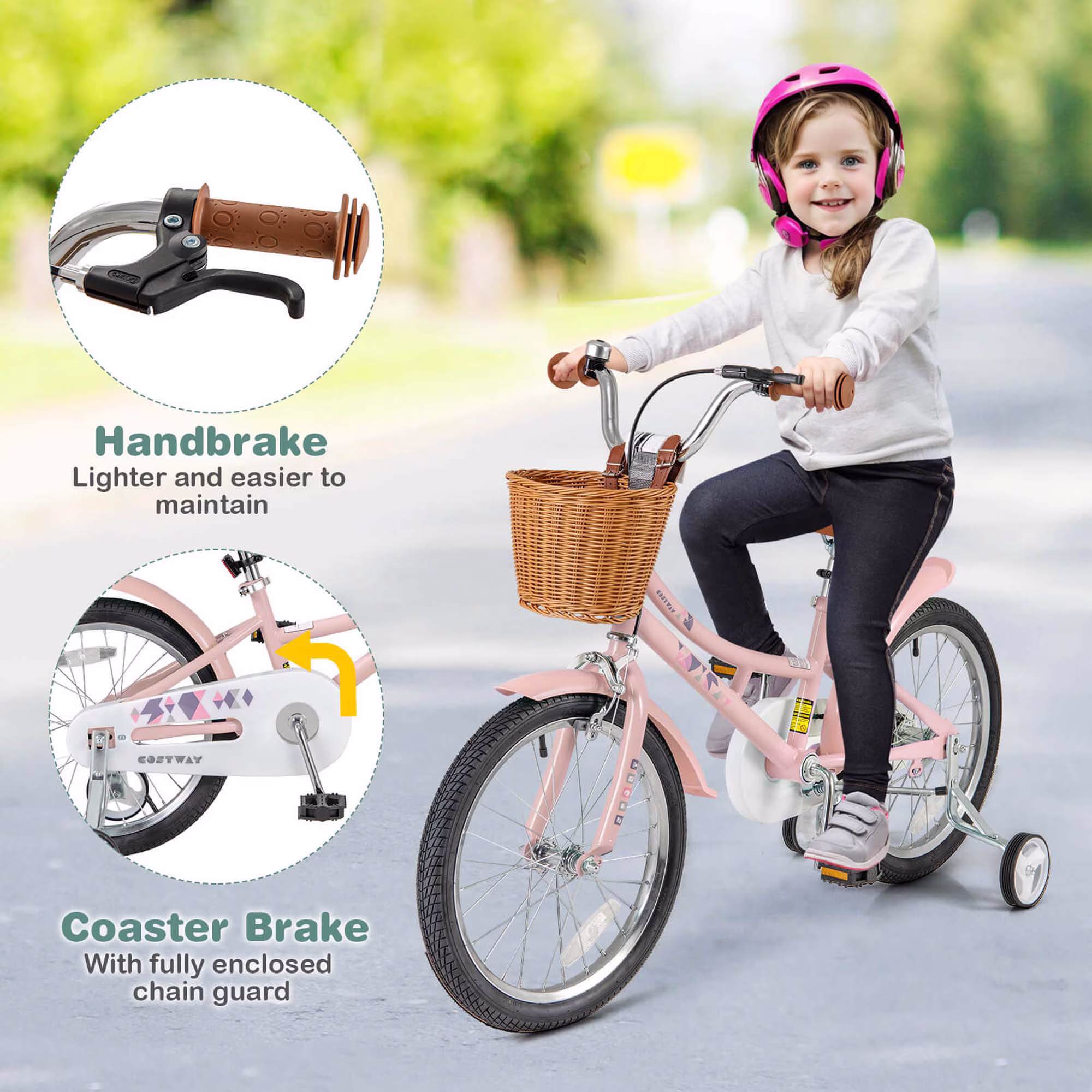 Costway 18" Kids Bike with Height Adjustable Handlebar Seat Basket Bell Training Wheels Pink - Image 2