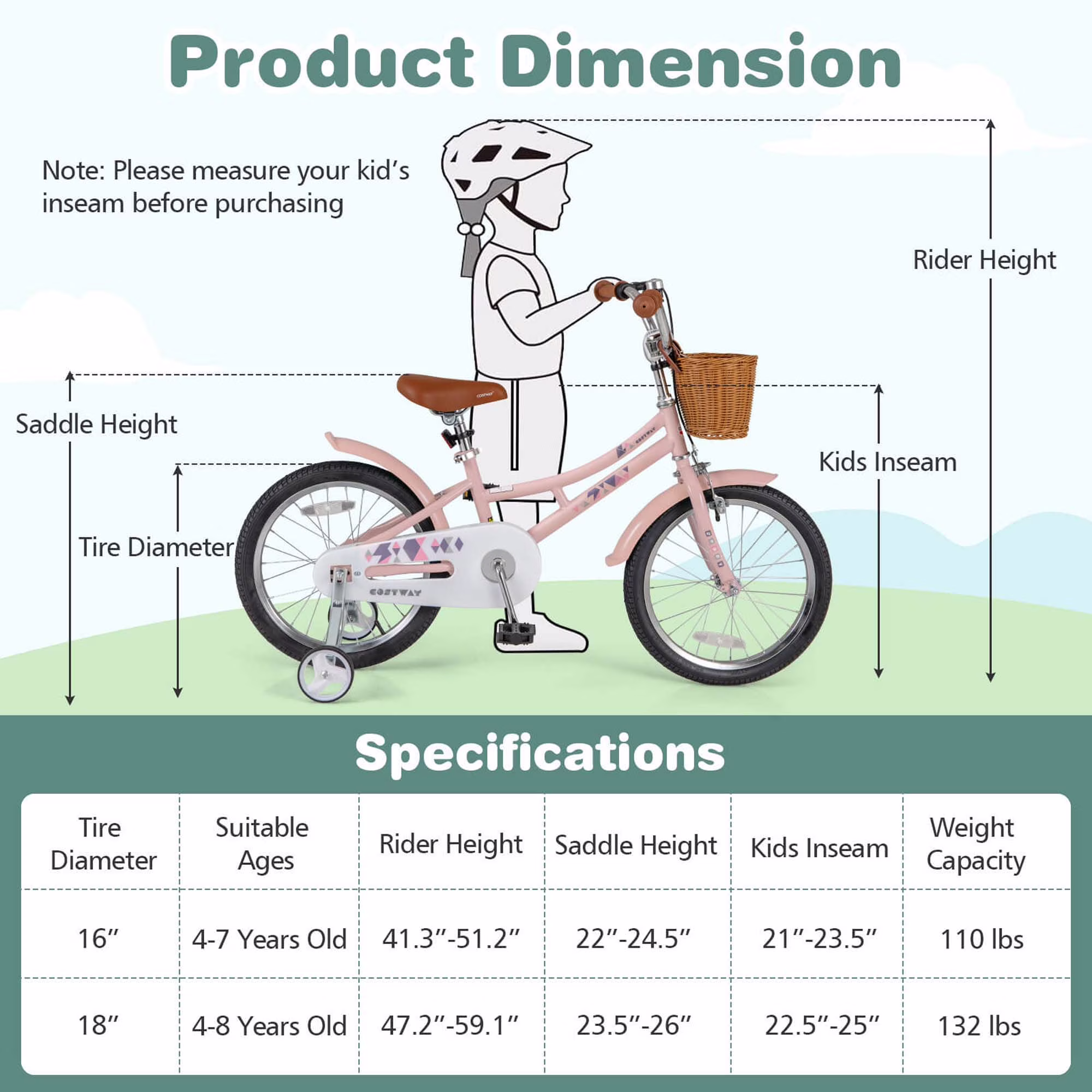 Costway 18" Kids Bike with Height Adjustable Handlebar Seat Basket Bell Training Wheels Pink - Image 4