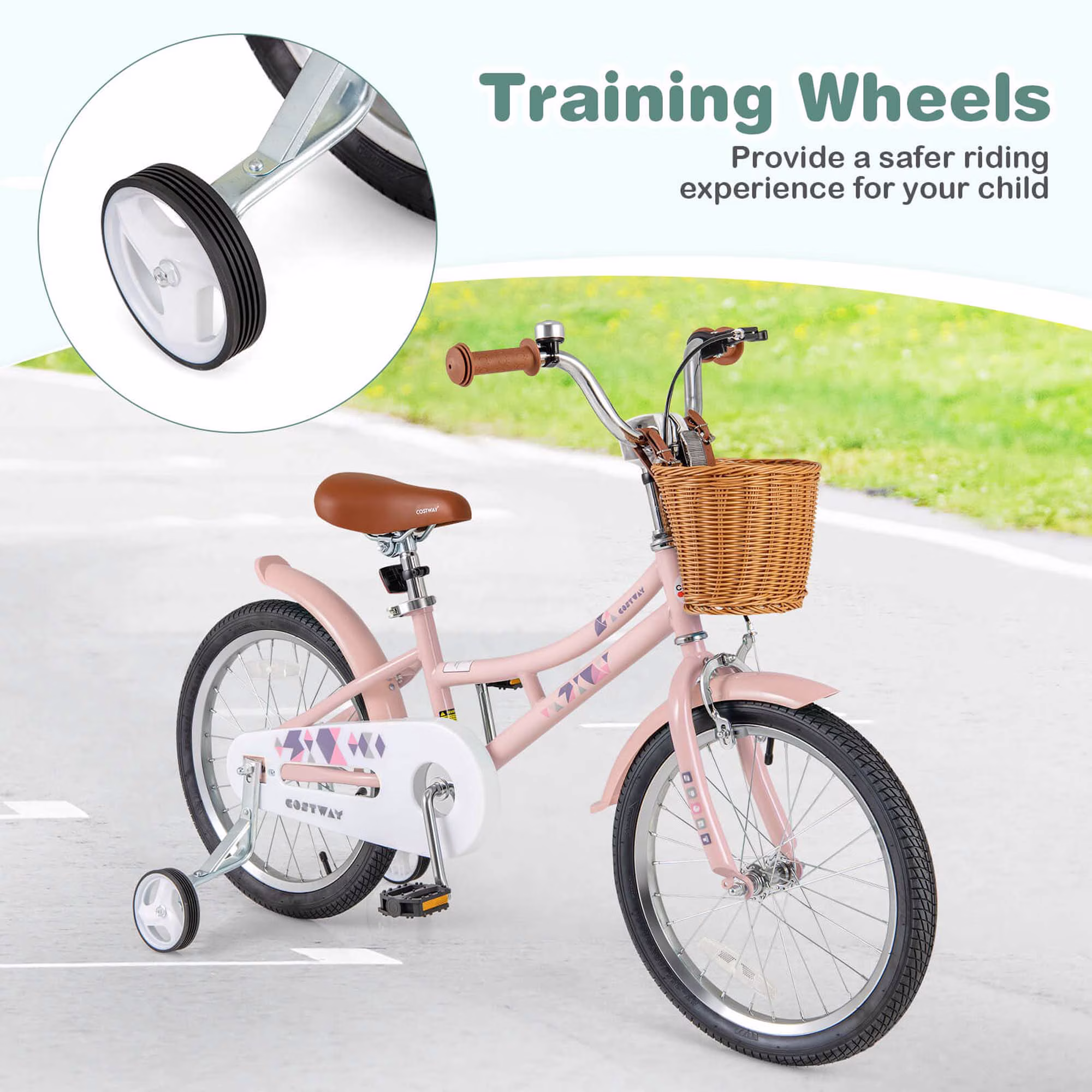 Costway 18" Kids Bike with Height Adjustable Handlebar Seat Basket Bell Training Wheels Pink - Image 3