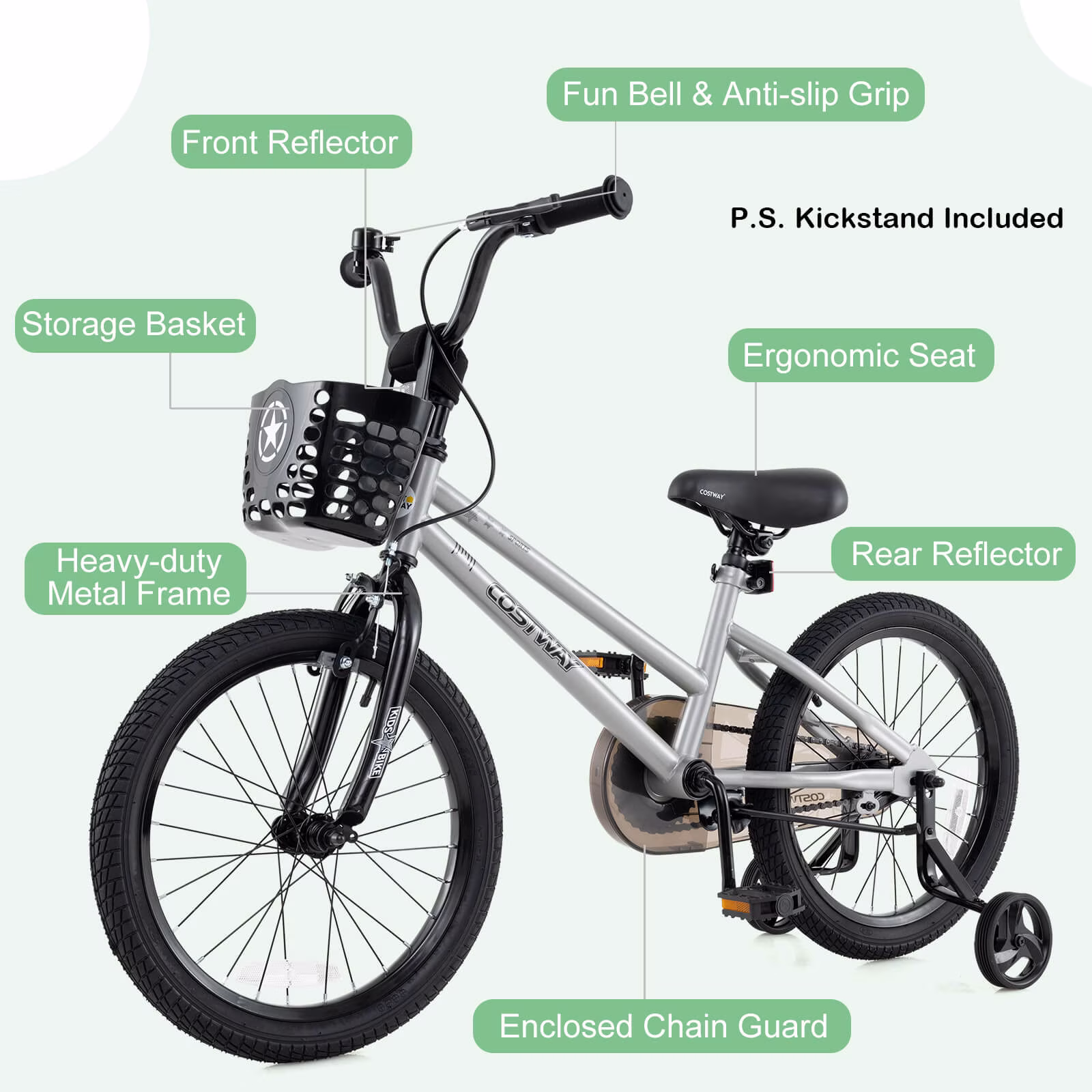 Costway 18" Kid's Bike with Training Wheels Adjustable Handlebar & Seat Handbrake Sliver - Image 4