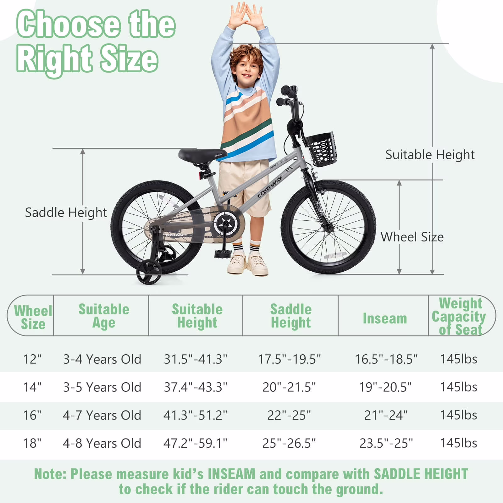 Costway 18" Kid's Bike with Training Wheels Adjustable Handlebar & Seat Handbrake Sliver - Image 3