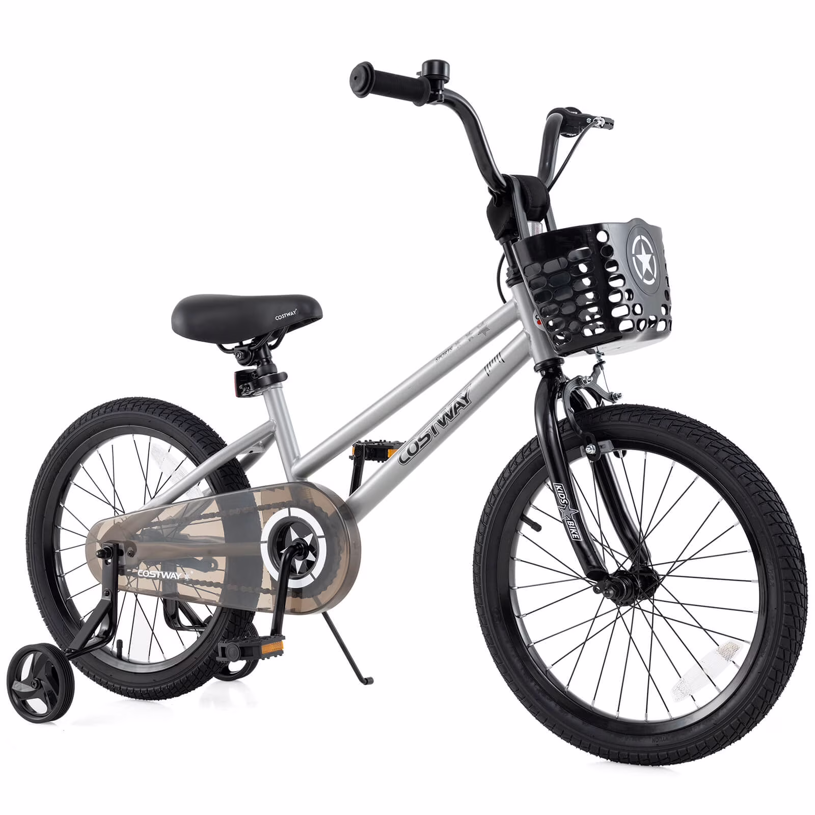 Costway 18" Kid's Bike with Training Wheels Adjustable Handlebar & Seat Handbrake Sliver