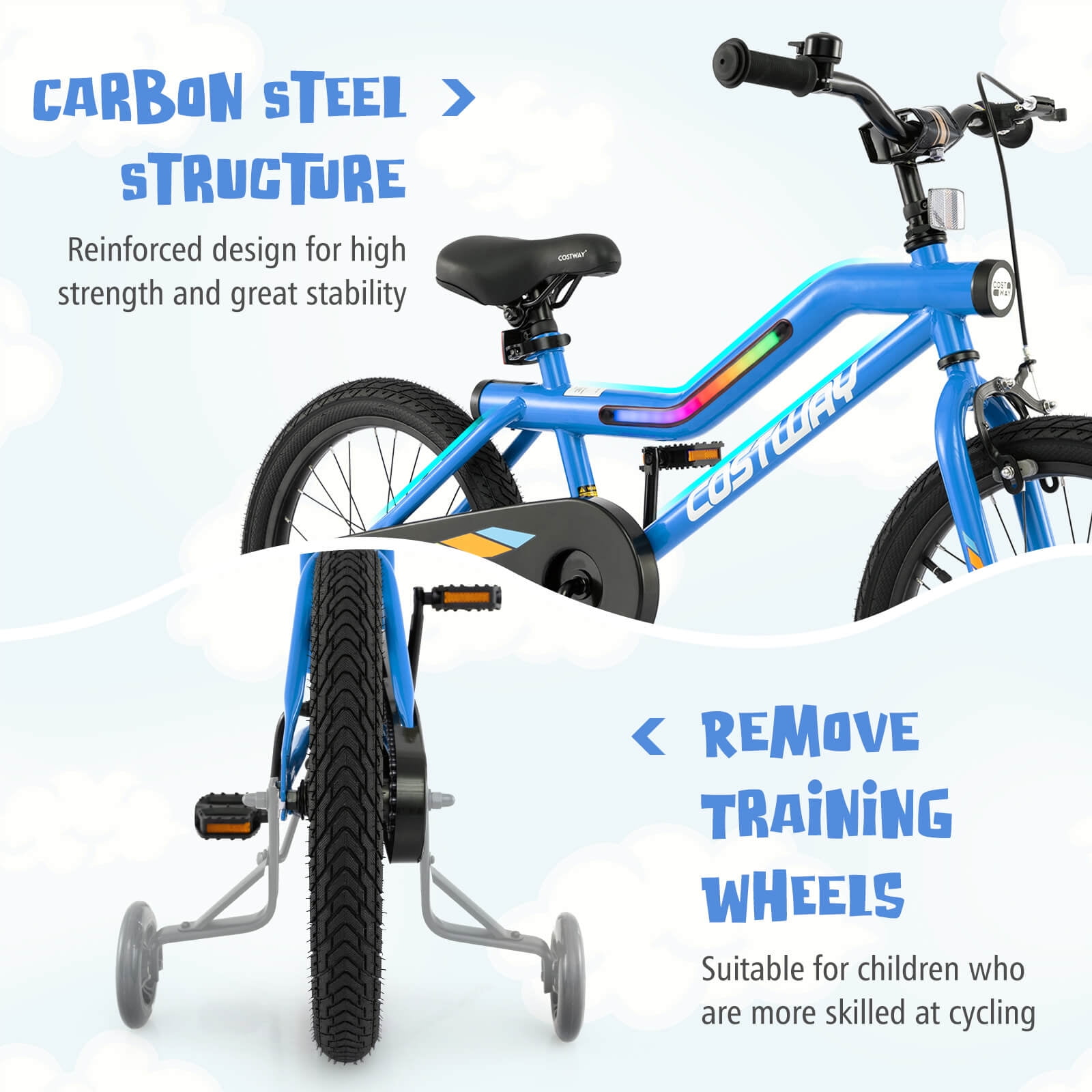 Costway 18" LED Lighted Kids Bike with Adjustable Seat Coaster Brake Training Wheels Blue Patented - Image 5