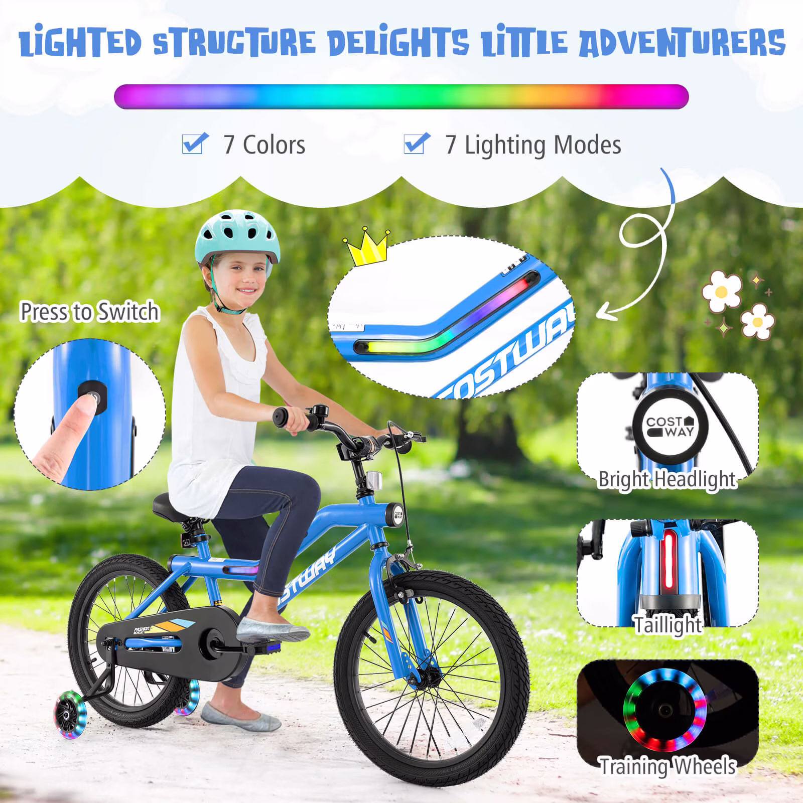 Costway 18" LED Lighted Kids Bike with Adjustable Seat Coaster Brake Training Wheels Blue Patented - Image 2