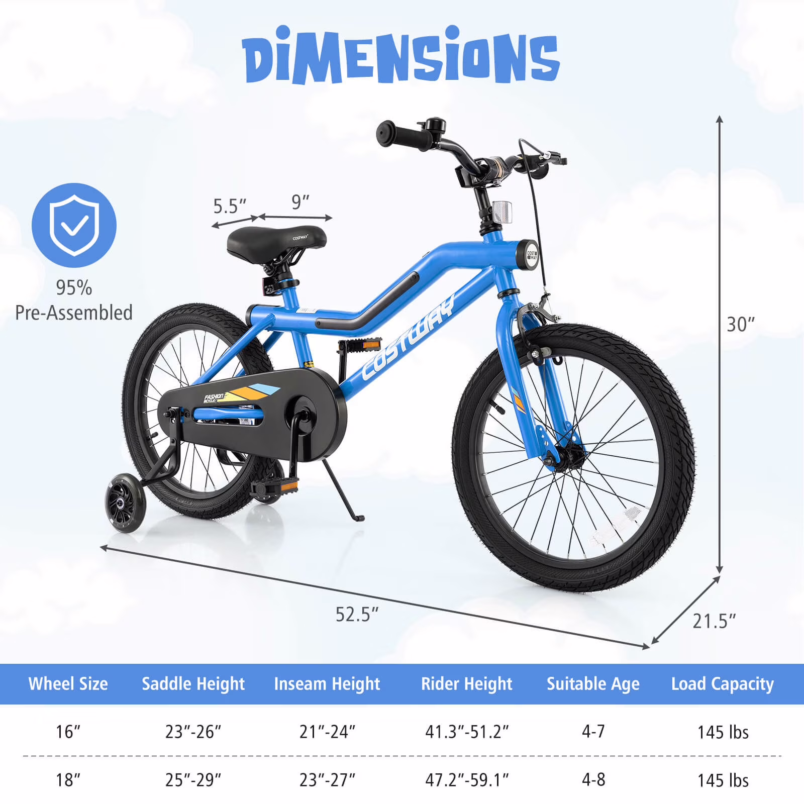 Costway 18" LED Lighted Kids Bike with Adjustable Seat Coaster Brake Training Wheels Blue Patented - Image 3