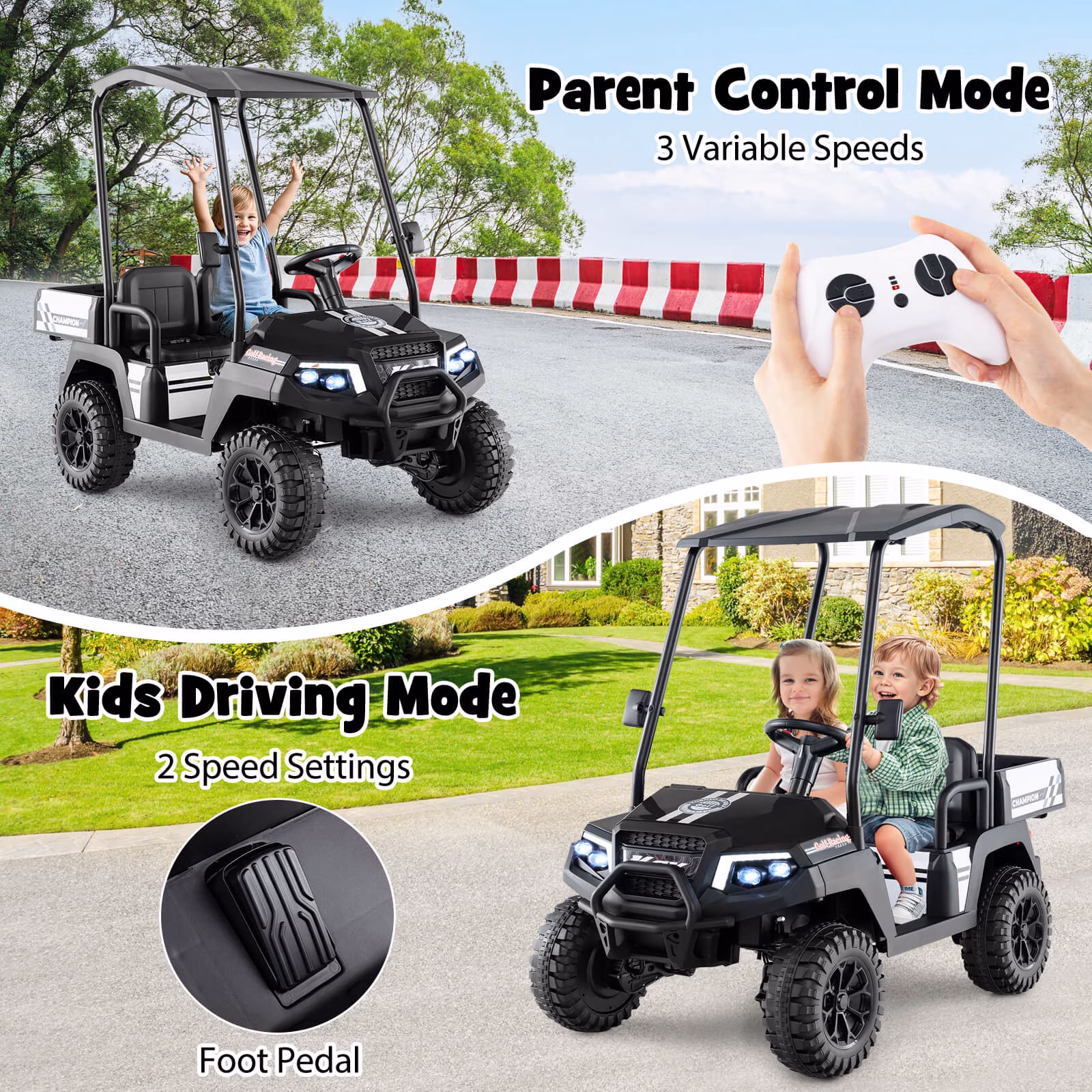 Costway 24V 7AH Kids Golf Cart 4WD 2 Seater Ride on Car with Sun Shade & Dump Bed Black - Image 3