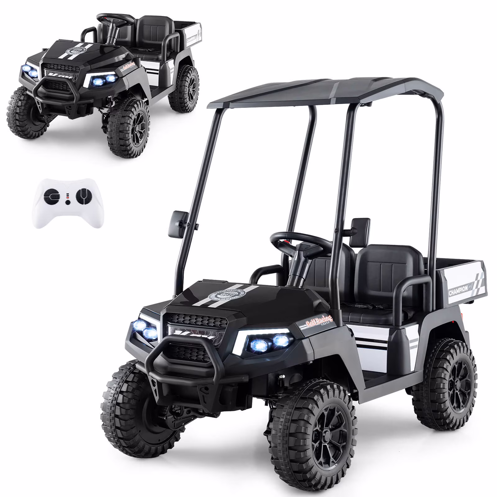 Costway 24V 7AH Kids Golf Cart 4WD 2 Seater Ride on Car with Sun Shade & Dump Bed Black - Image 4
