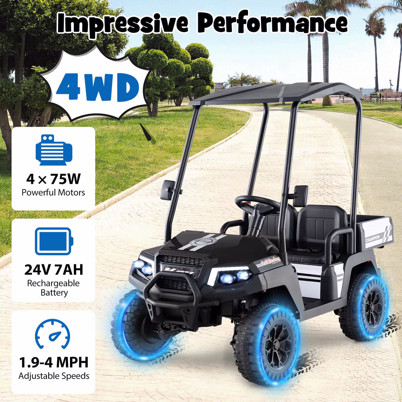 Costway 24V 7AH Kids Golf Cart 4WD 2 Seater Ride on Car with Sun Shade & Dump Bed Black - Image 2