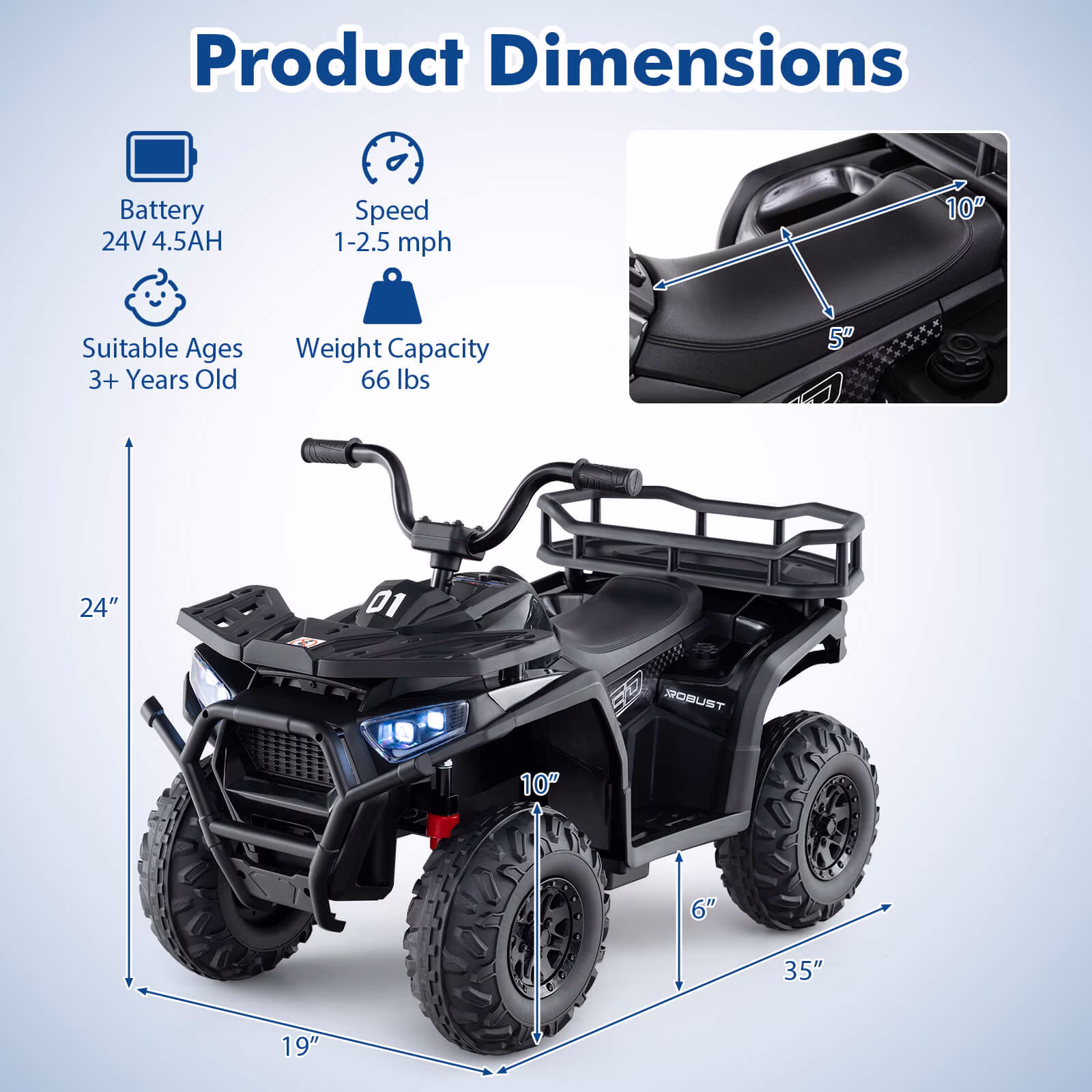 Costway 24V Kids Ride on Electric ATV Car Toy with Spring Suspension & LED Lights USB Black - Image 4