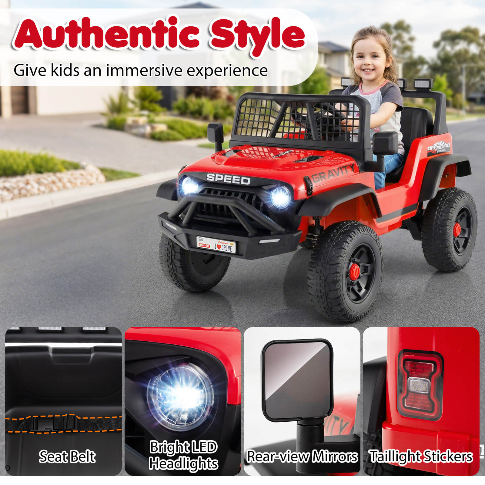 Costway 24V Ride On Car with Remote Control Music LED Headlights Spring Suspension for Kids Red - Image 4