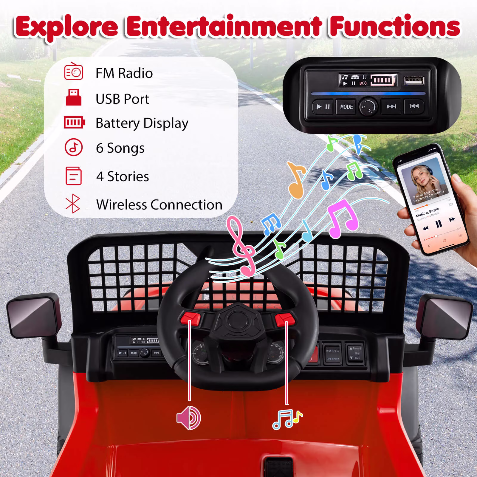 Costway 24V Ride On Car with Remote Control Music LED Headlights Spring Suspension for Kids Red - Image 5