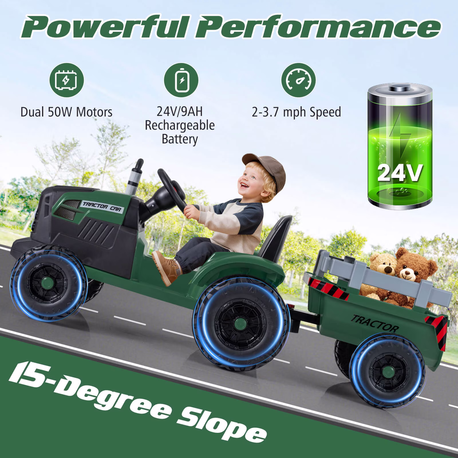 Costway 24V Ride On Tractor for Kids with Detachable Trailer Remote Control Music Dark Green - Image 4