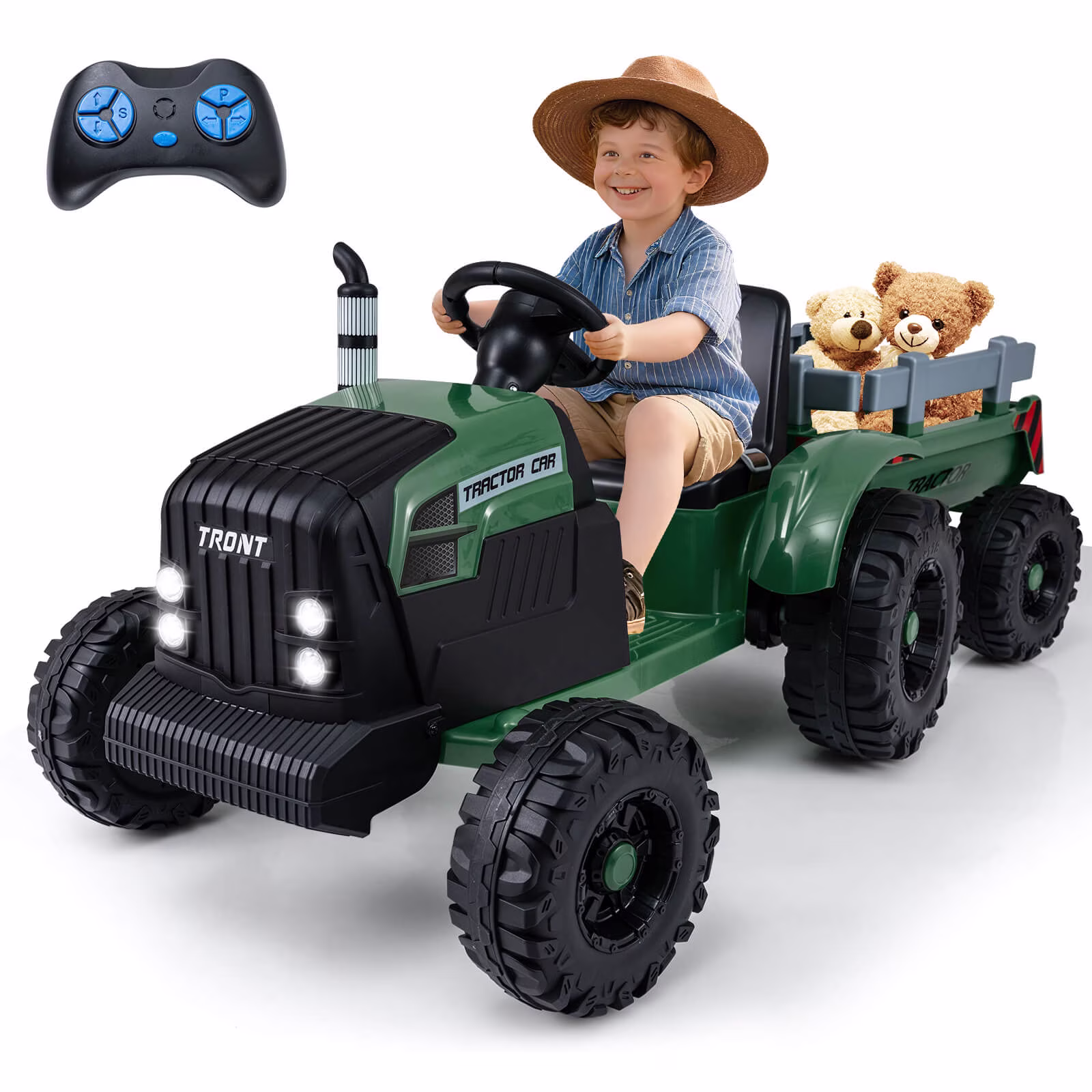 Costway 24V Ride On Tractor for Kids with Detachable Trailer Remote Control Music Dark Green - Image 2
