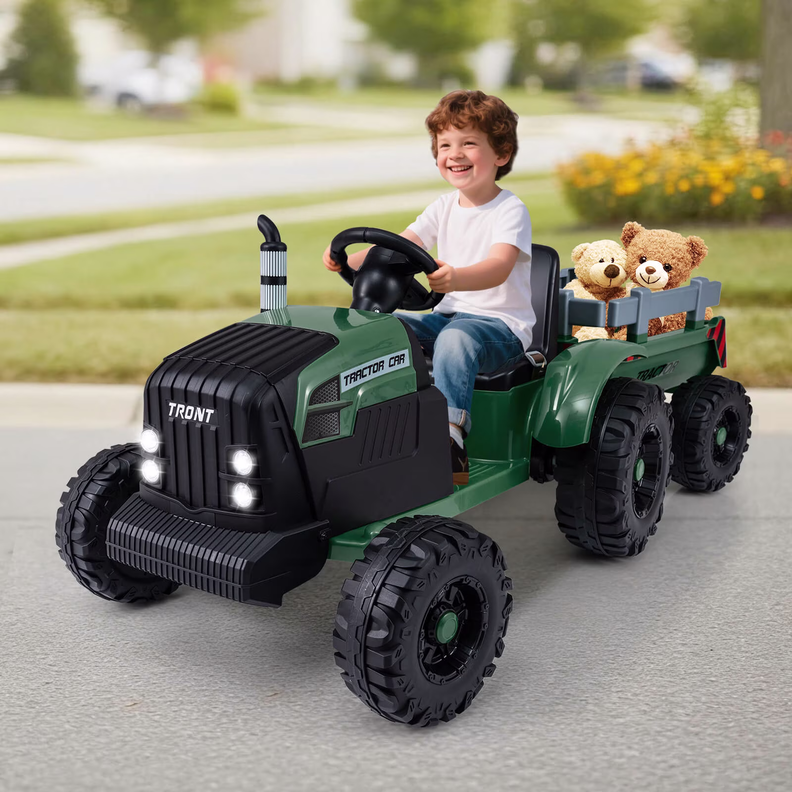 Costway 24V Ride On Tractor for Kids with Detachable Trailer Remote Control Music Dark Green - Image 3