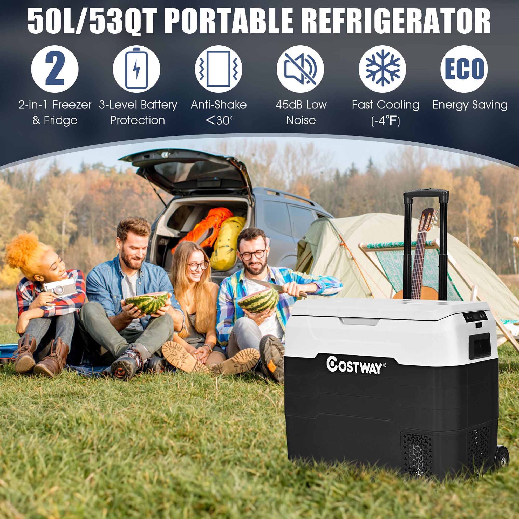 Costway 53 qt Wheeled Corded Electric Dual-Zone Portable Car Refrigerator, White - Image 4