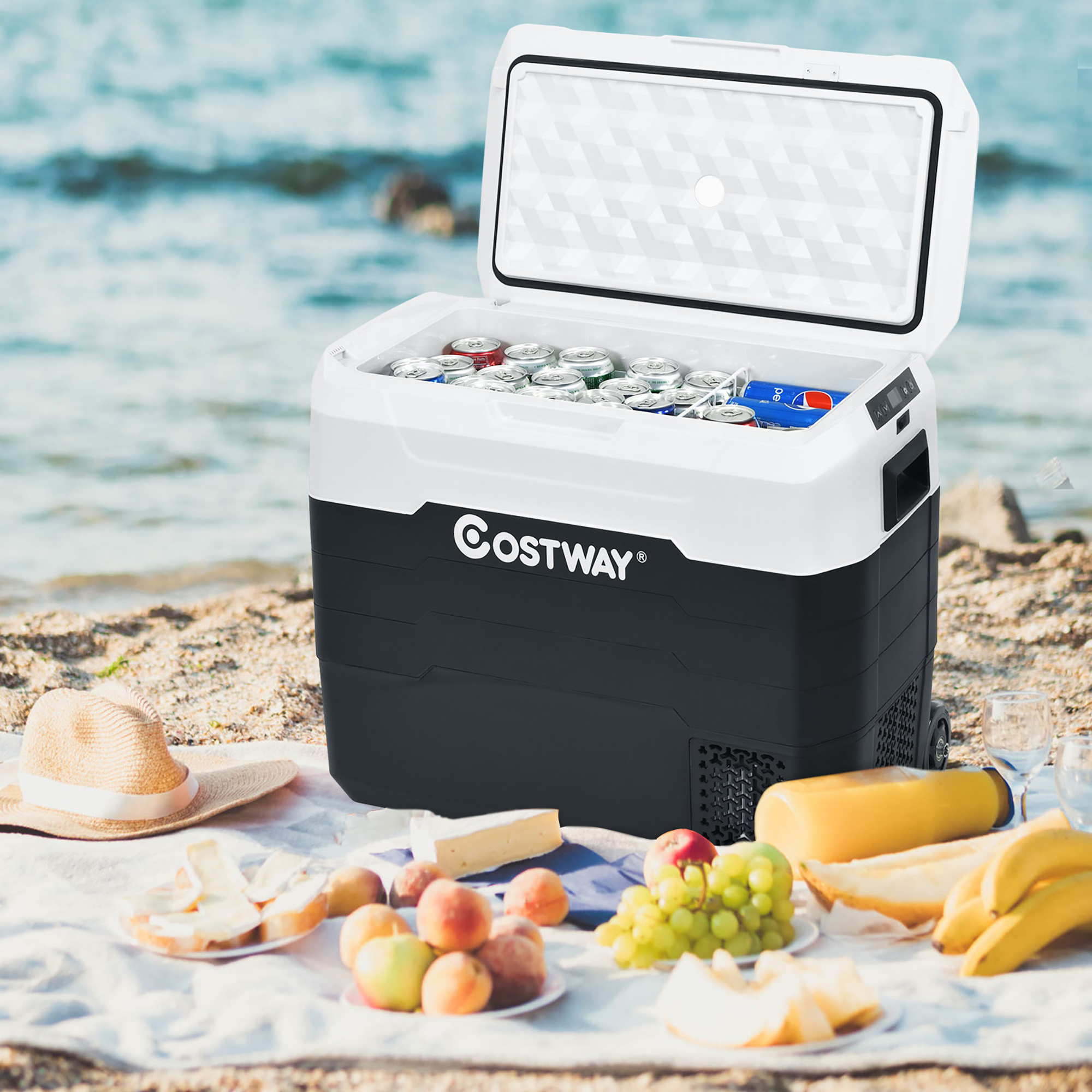 Costway 53 qt Wheeled Corded Electric Dual-Zone Portable Car Refrigerator, White - Image 2