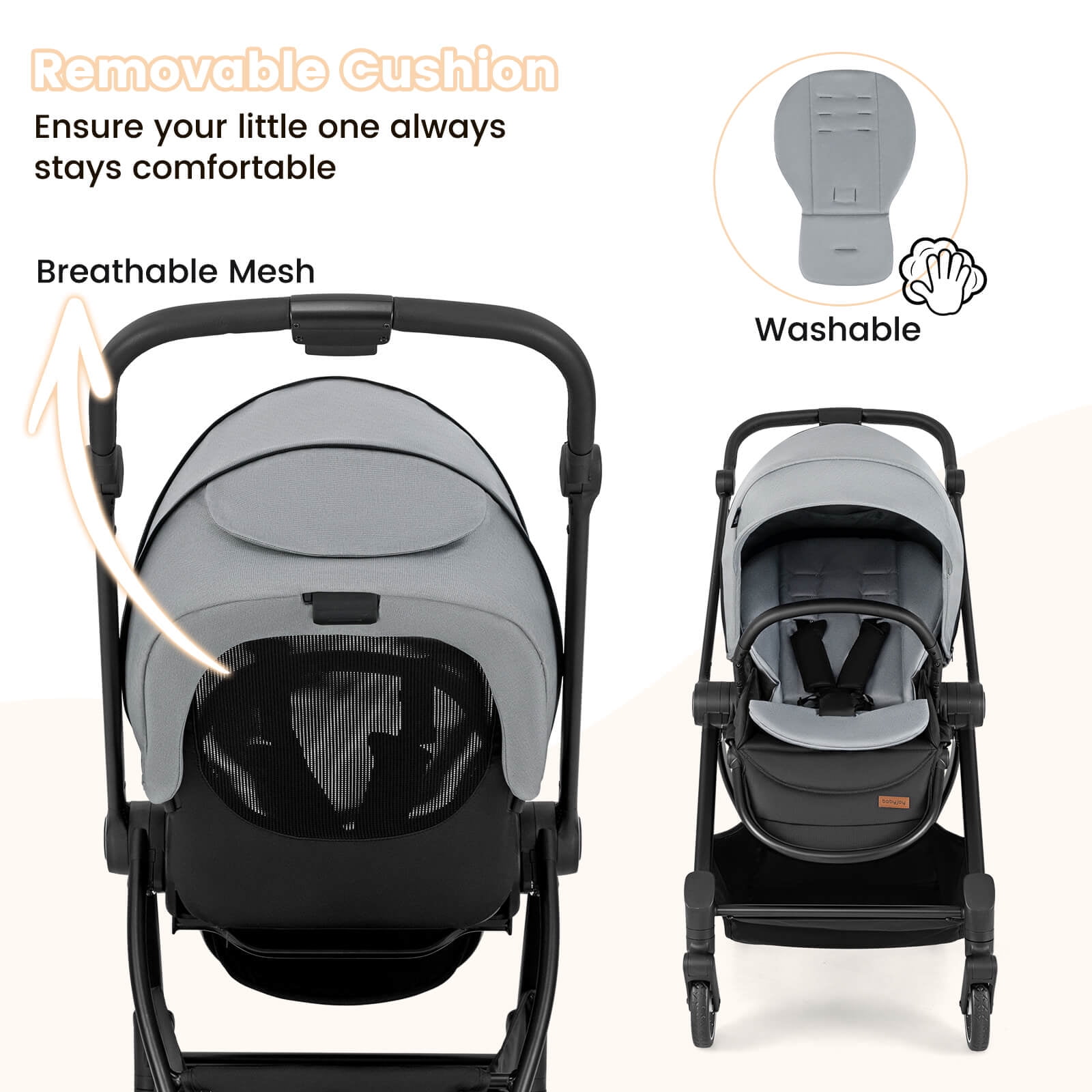 Costway Baby Stroller Foldable Infant Pram Stroller with Reclining Backrest Handle Gray - Image 4