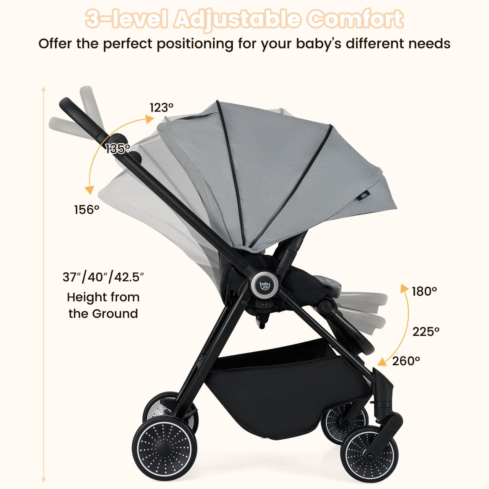 Costway Baby Stroller Foldable Infant Pram Stroller with Reclining Backrest Handle Gray - Image 3