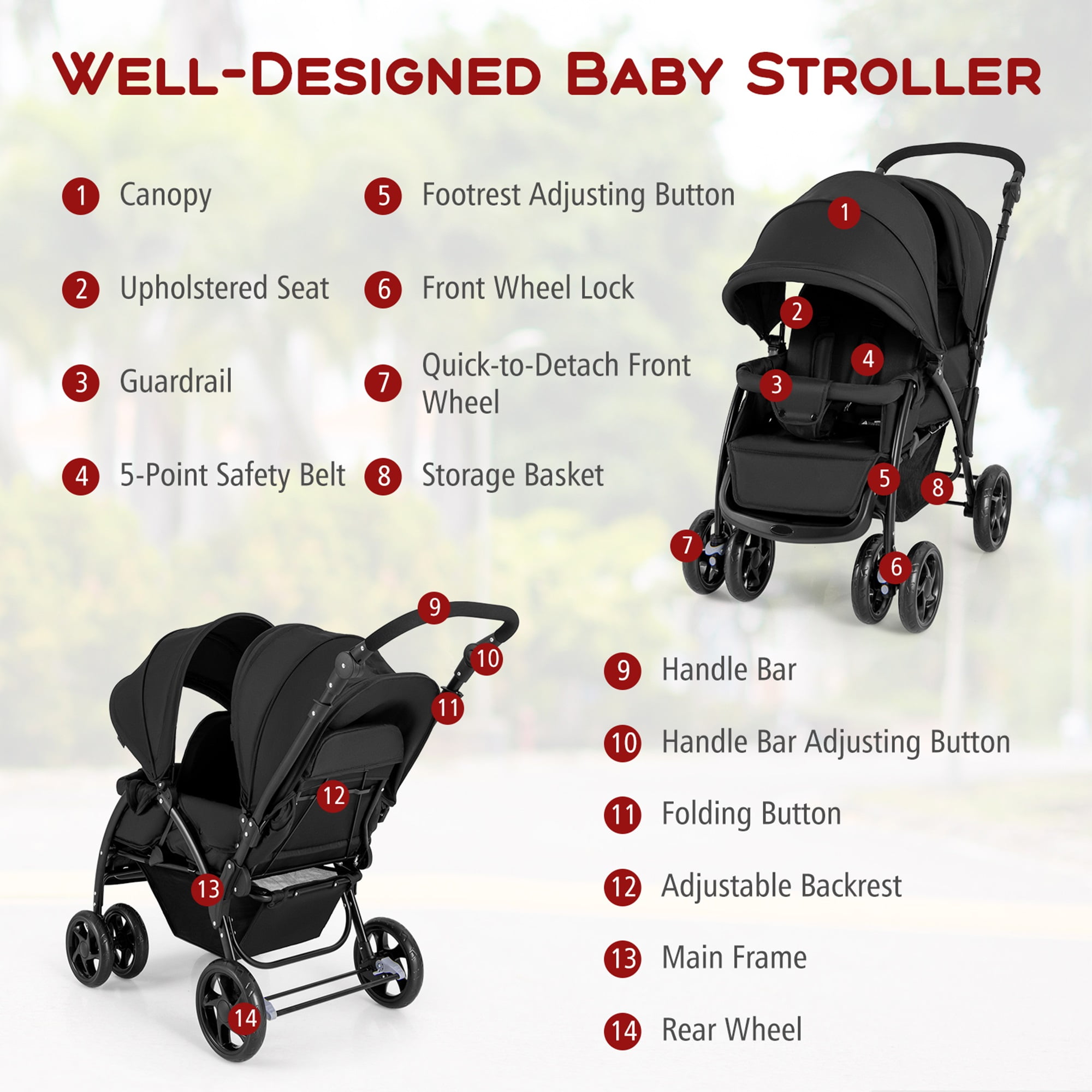 Costway Double Stroller Foldable Baby Twin Lightweight Travel Stroller Infant Pushchair Black - Image 4