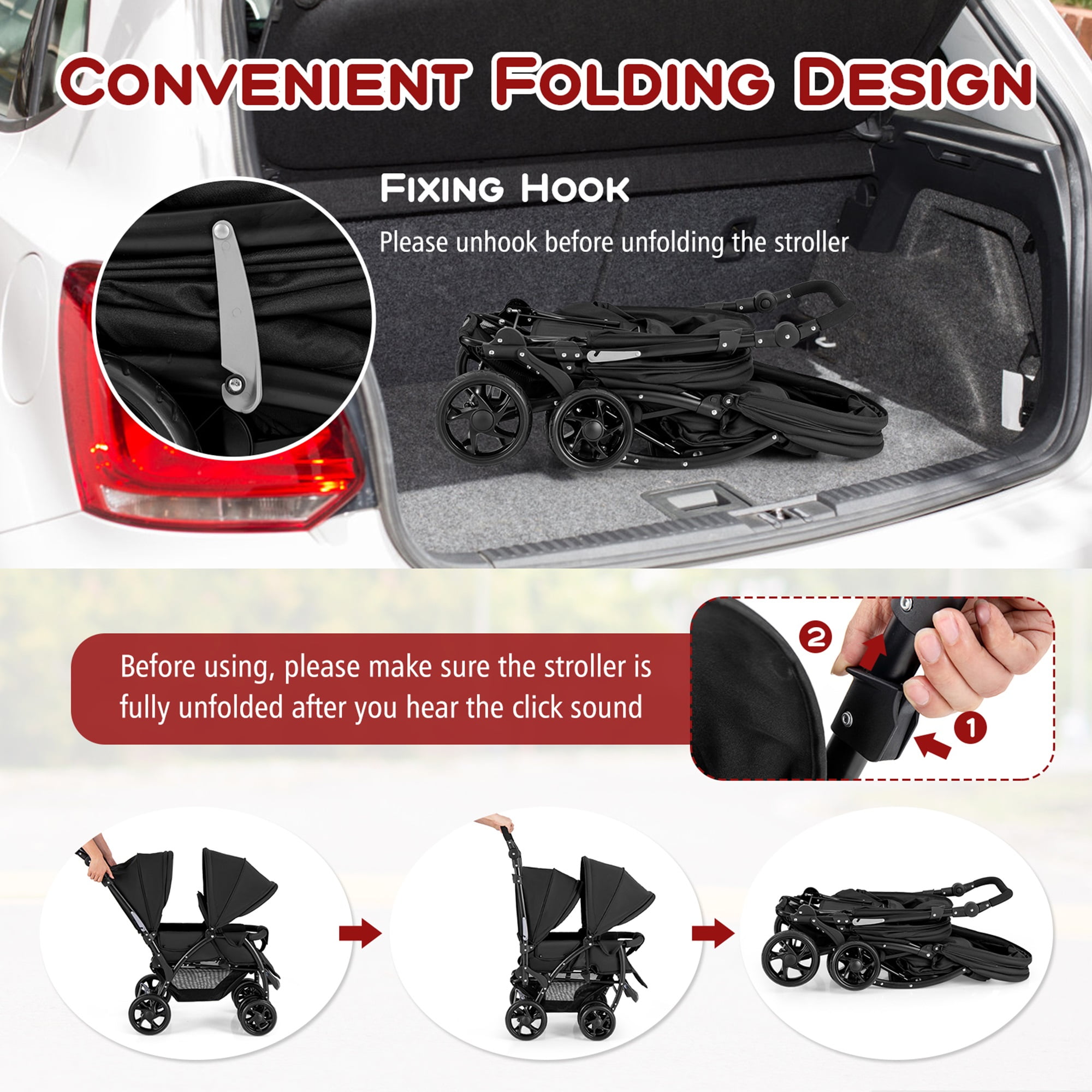 Costway Double Stroller Foldable Baby Twin Lightweight Travel Stroller Infant Pushchair Black - Image 2