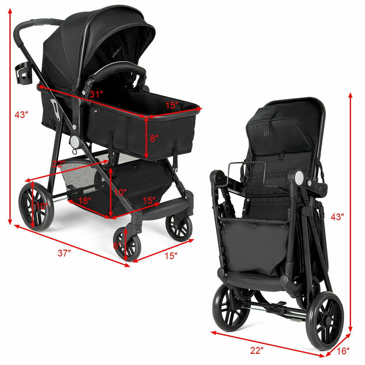 Costway Foldable Baby Stroller 2 in 1 Newborn Infant Travel Buggy Pushchair 22 lbs Black - Image 4