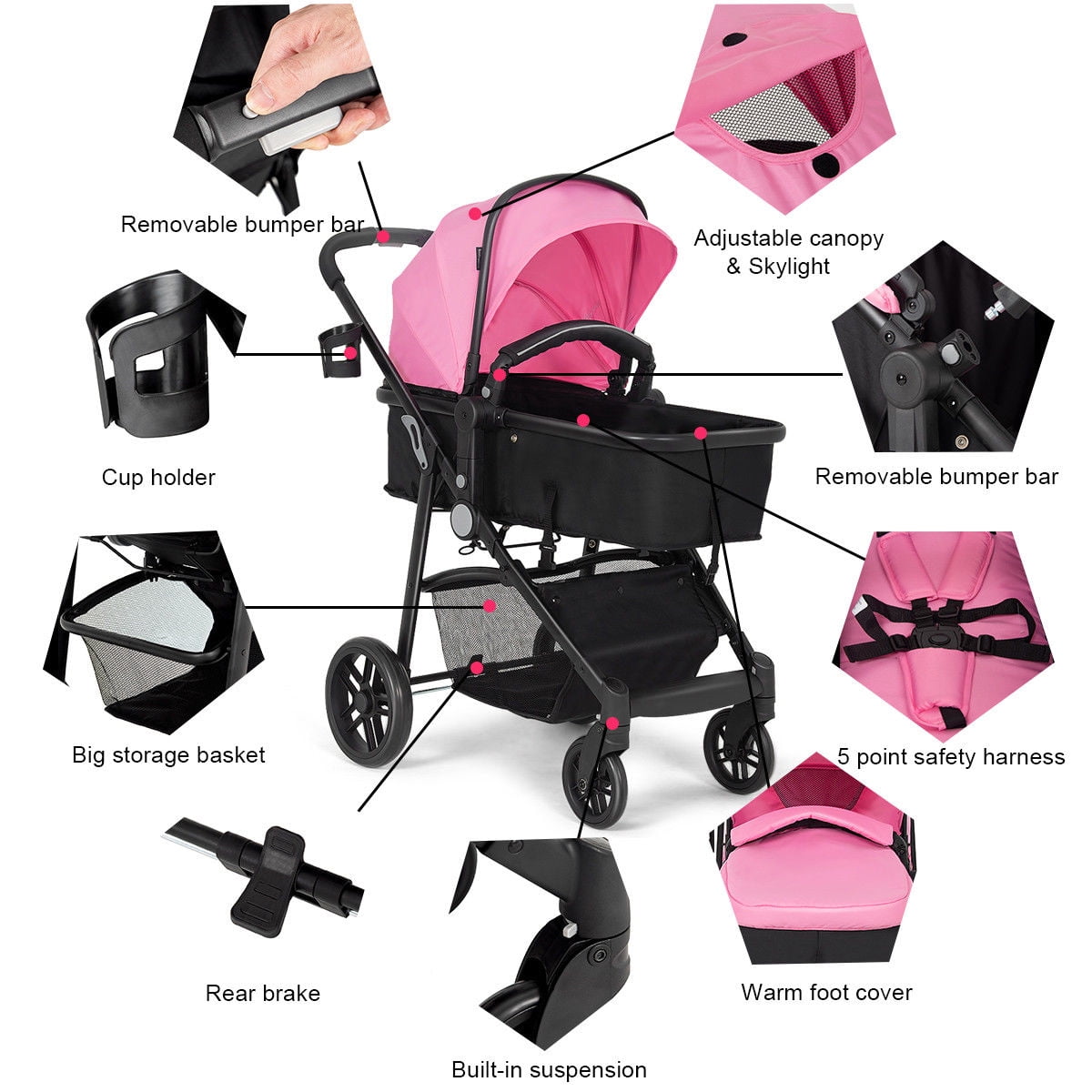 Costway Foldable Baby Stroller 2 in1 Newborn Infant Travel Buggy Pushchair Pink - Image 2