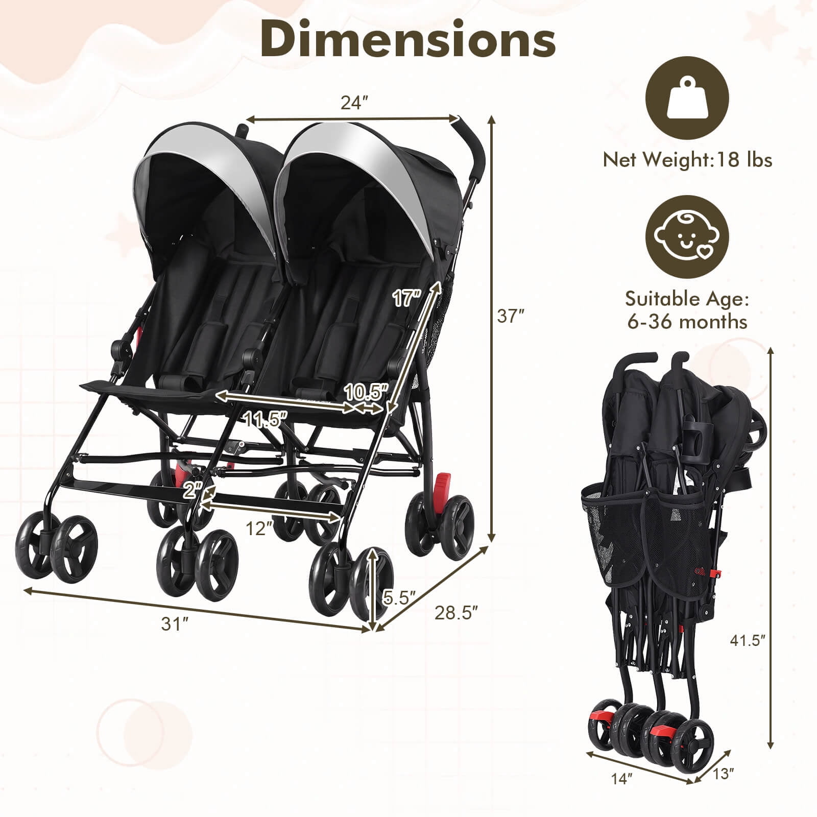 Costway Foldable Twin Baby Double Stroller Ultralight Umbrella Stroller Pushchair Black - Image 3