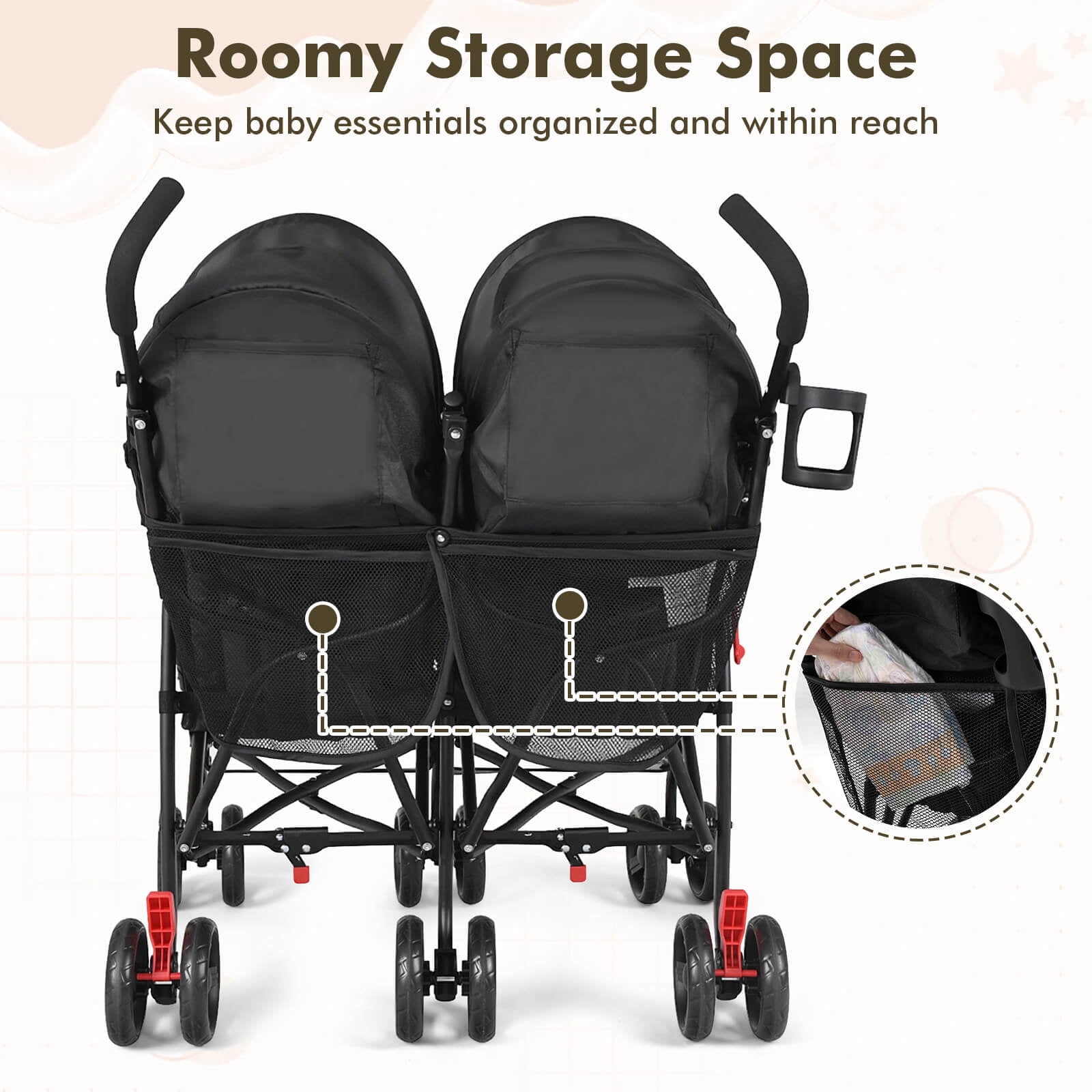Costway Foldable Twin Baby Double Stroller Ultralight Umbrella Stroller Pushchair Black - Image 5