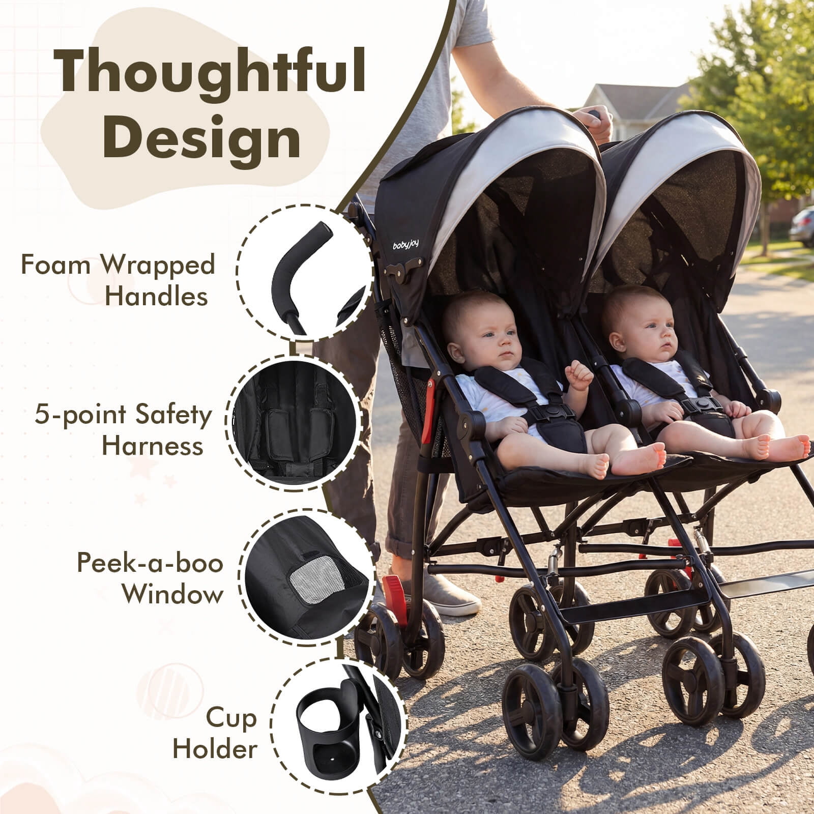 Costway Foldable Twin Baby Double Stroller Ultralight Umbrella Stroller Pushchair Black - Image 4