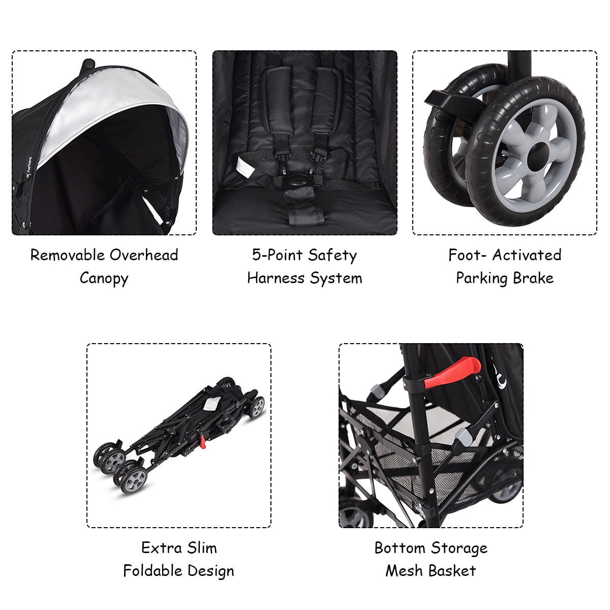 Costway Folding Lightweight Baby Toddler Umbrella Travel Stroller with Storage Basket Black - Image 5