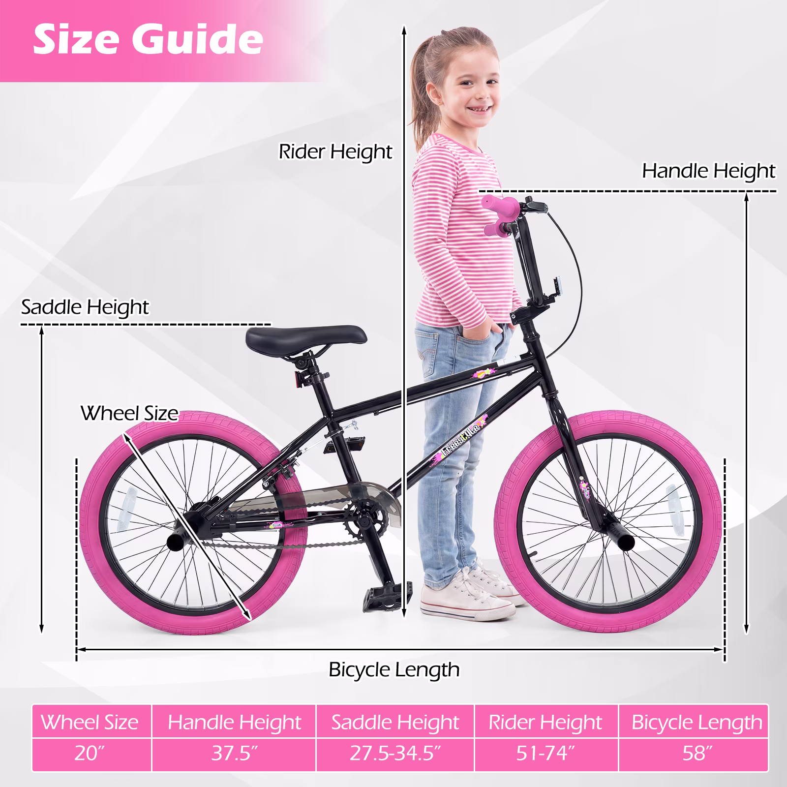 Costway Freestyle BMX Bike, 20” Trick Bicycle with 360 Degree Steering, Adjustable Seat Pink - Image 5