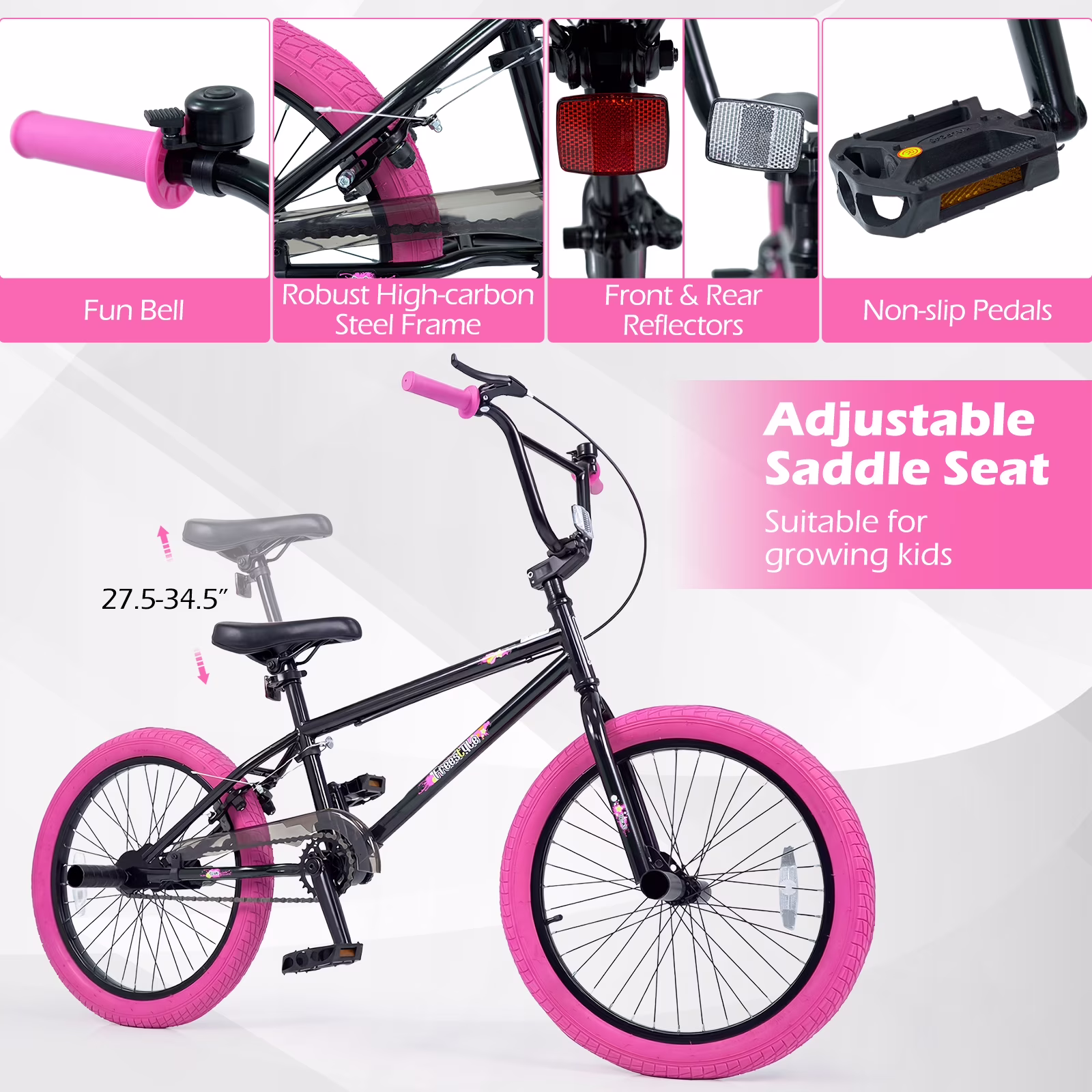 Costway Freestyle BMX Bike, 20” Trick Bicycle with 360 Degree Steering, Adjustable Seat Pink - Image 4