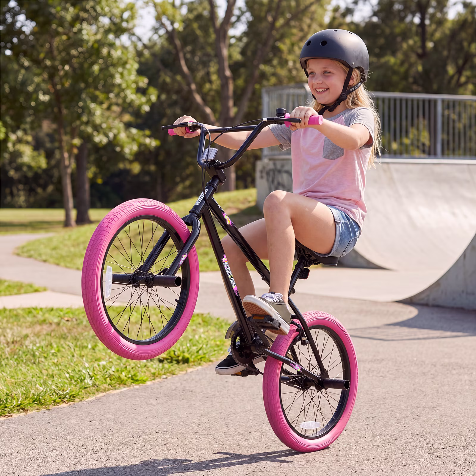 Costway Freestyle BMX Bike, 20” Trick Bicycle with 360 Degree Steering, Adjustable Seat Pink - Image 2